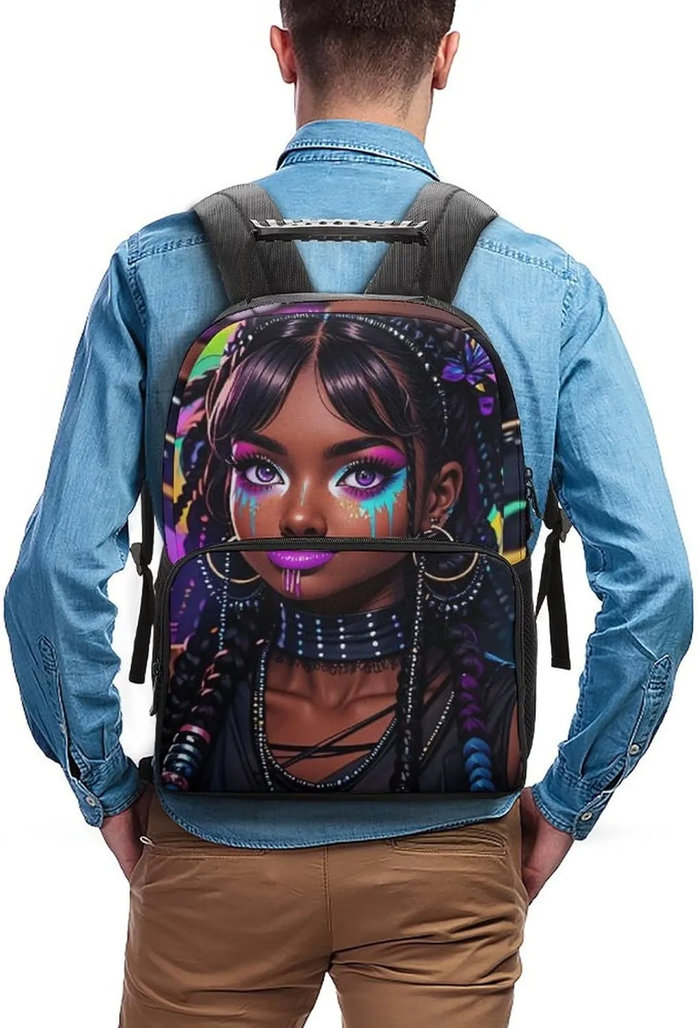Men Women Polyester Cool African American Woman Bold And Colorful Art Daypack Big Capacity Shoulder Bag With Adjustable Shoulder Straps for Camping Travel Walking Cycling