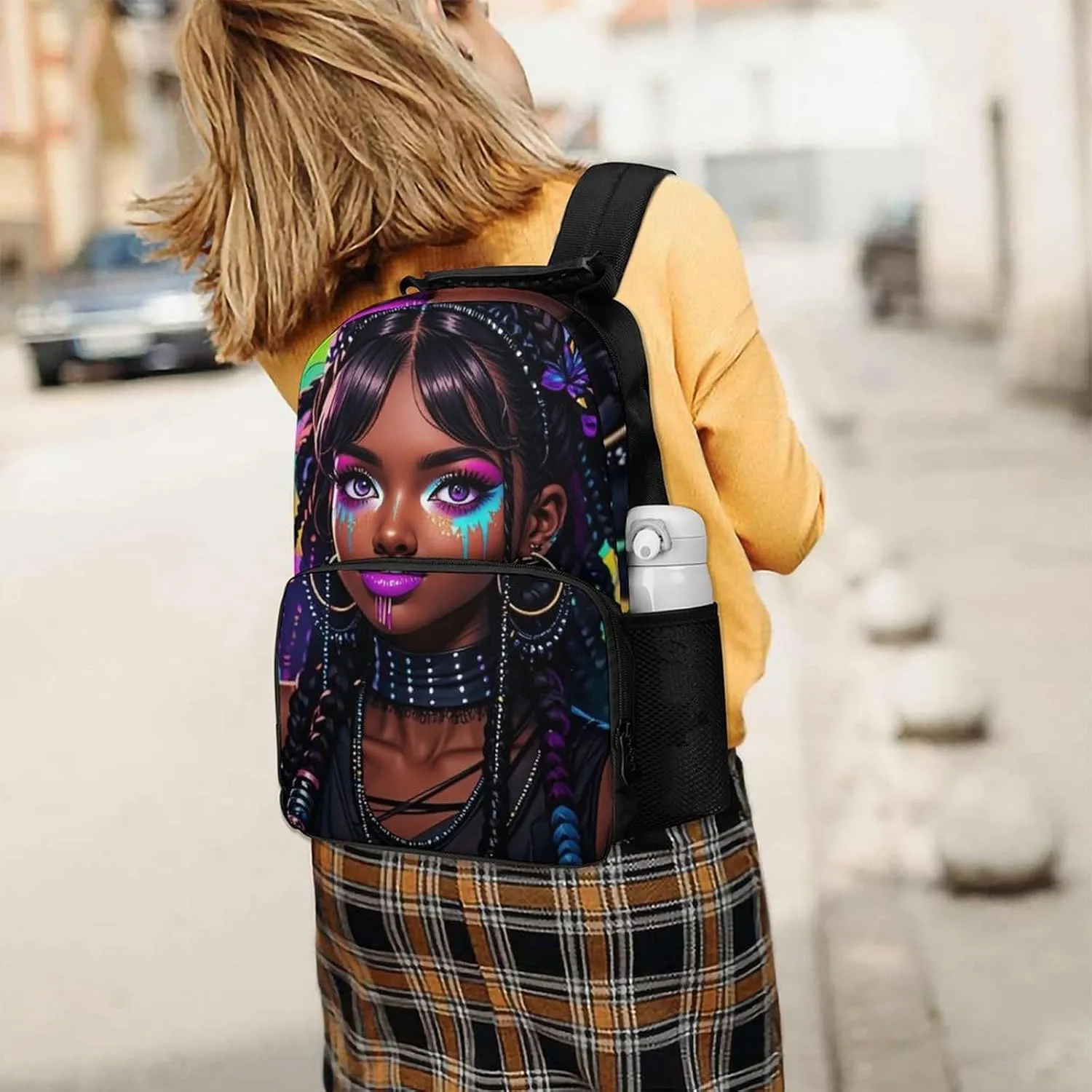 Men Women Polyester Cool African American Woman Bold And Colorful Art Daypack Big Capacity Shoulder Bag With Adjustable Shoulder Straps for Camping Travel Walking Cycling