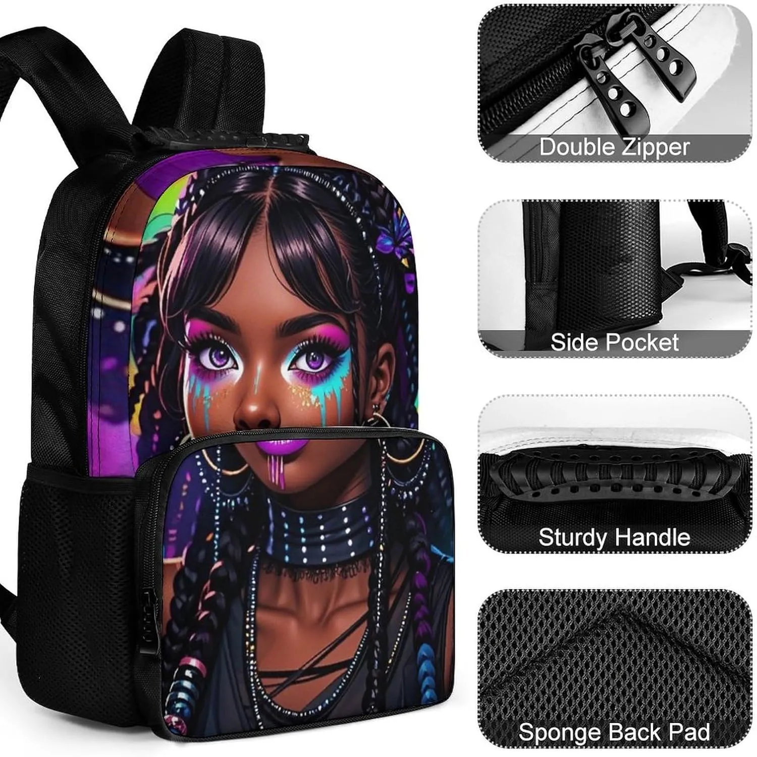 Men Women Polyester Cool African American Woman Bold And Colorful Art Daypack Big Capacity Shoulder Bag With Adjustable Shoulder Straps for Camping Travel Walking Cycling