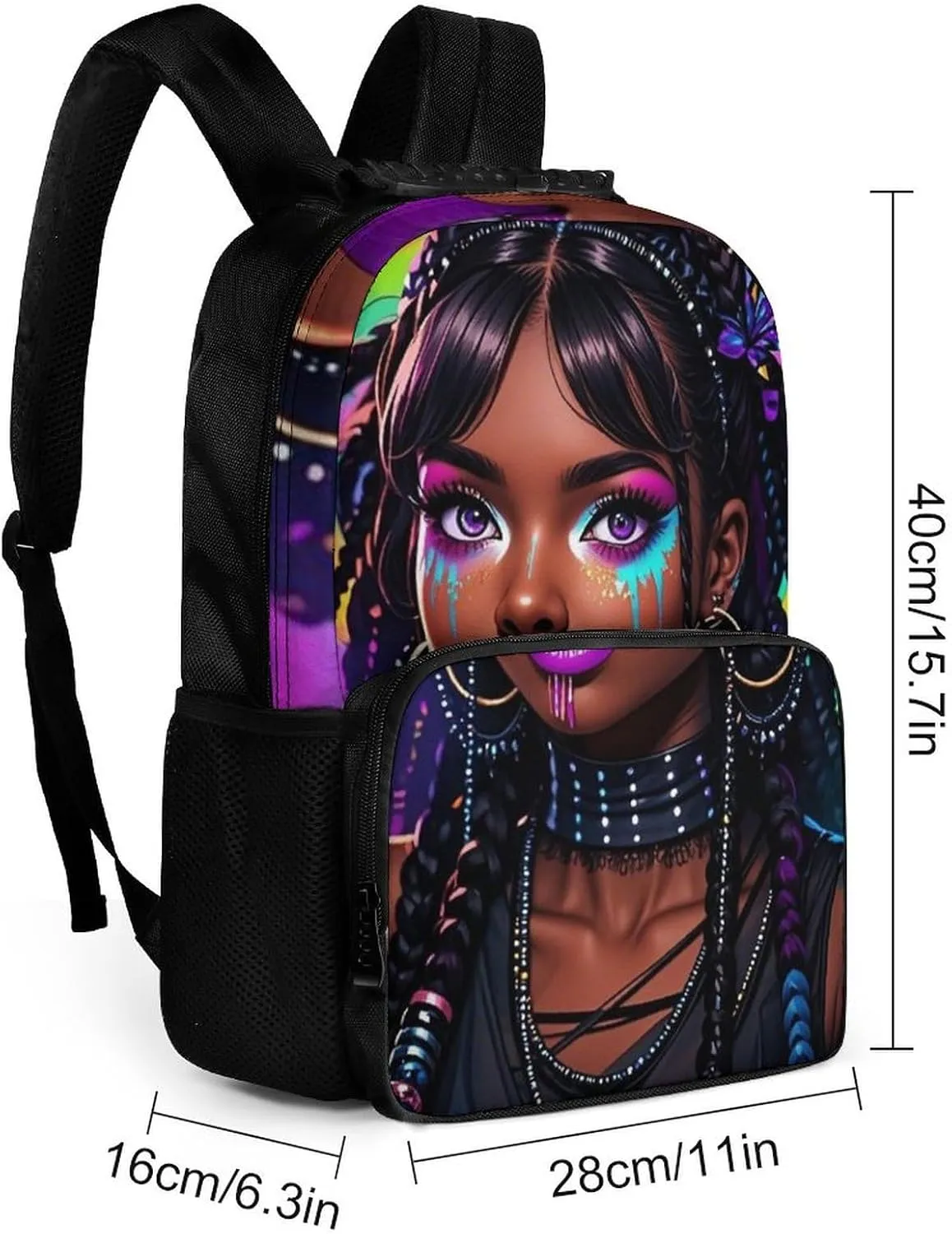 Men Women Polyester Cool African American Woman Bold And Colorful Art Daypack Big Capacity Shoulder Bag With Adjustable Shoulder Straps for Camping Travel Walking Cycling