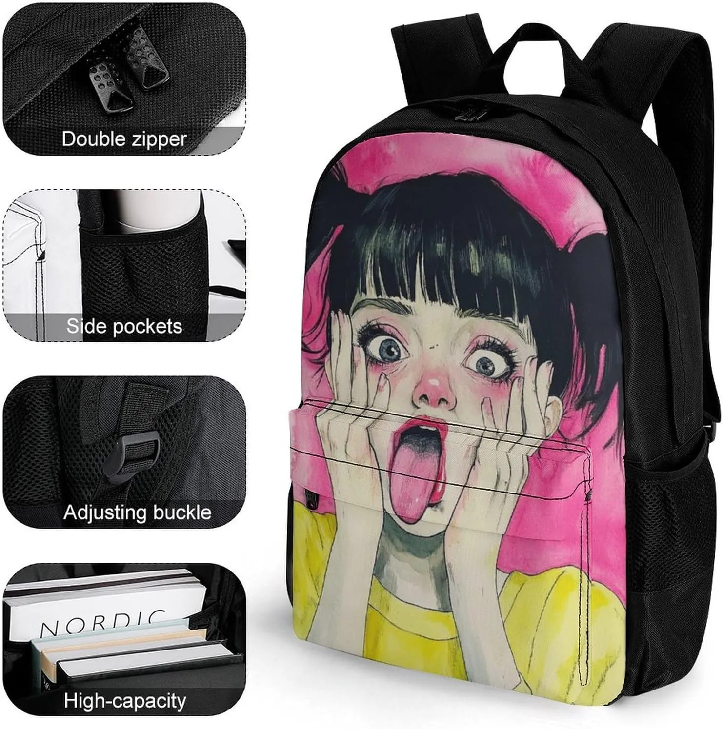 Men Women Polyester Cute Goth Gothic Woman Art Daypack Bookbag Big Capacity Shoulder Bag With Padded Straps for Climbing Travel Walking Cycling