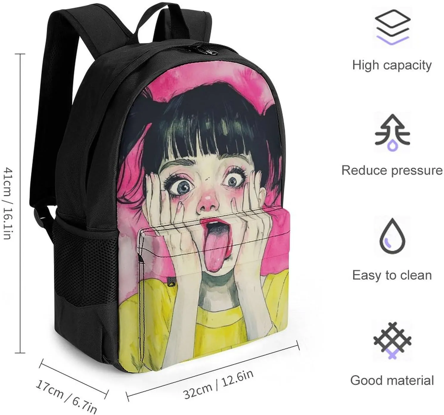 Men Women Polyester Cute Goth Gothic Woman Art Daypack Bookbag Big Capacity Shoulder Bag With Padded Straps for Climbing Travel Walking Cycling
