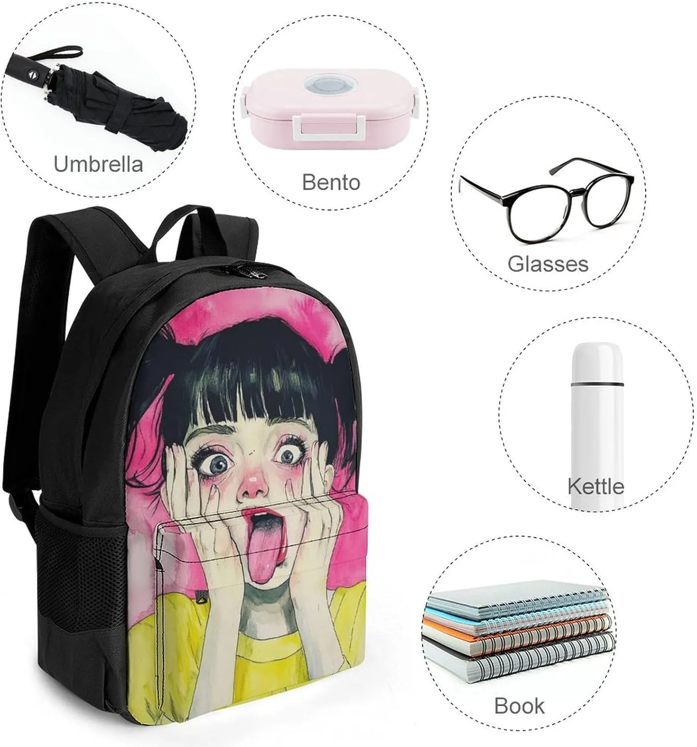Men Women Polyester Cute Goth Gothic Woman Art Daypack Bookbag Big Capacity Shoulder Bag With Padded Straps for Climbing Travel Walking Cycling