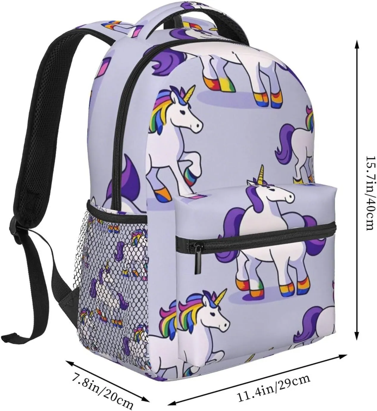 Men Women Polyester Cute Rainbow Unicorn Art Casual Daypack Large Capacity Carry On Bag With Adjustable Shoulder Straps for Camping Work Running