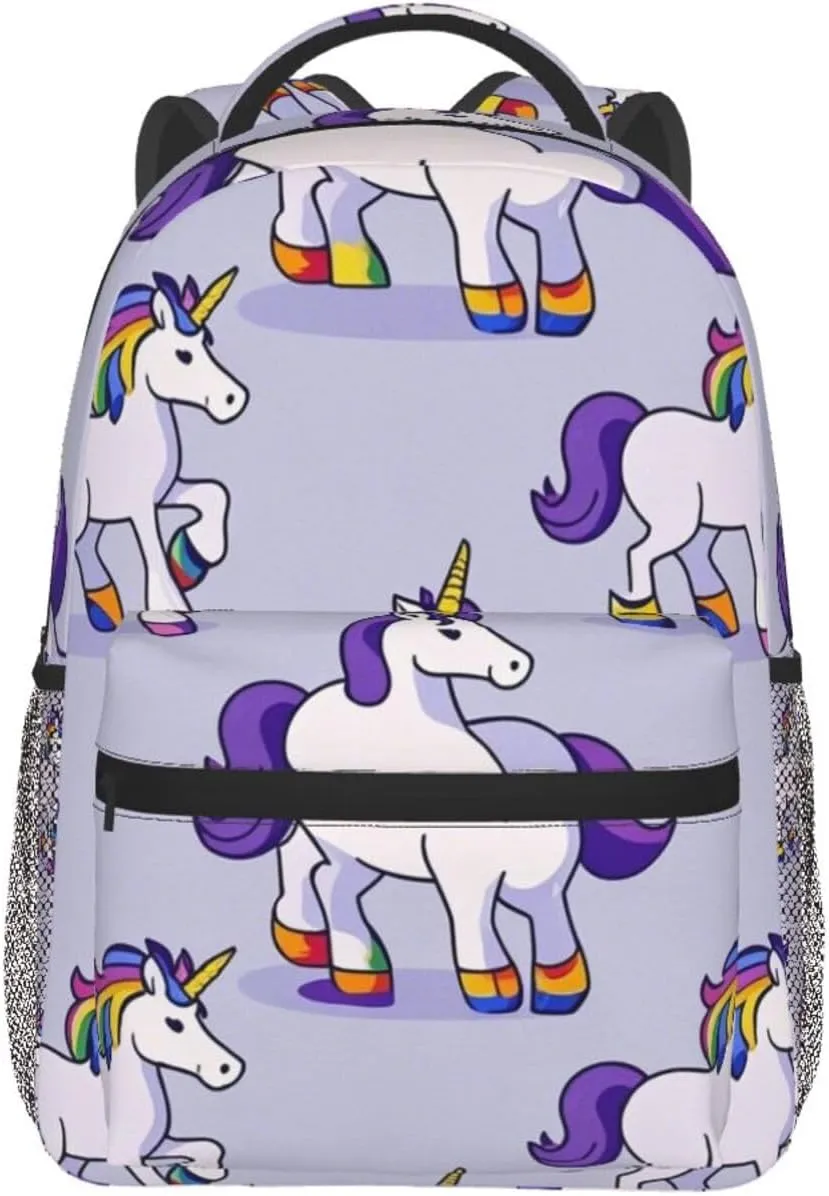 Men Women Polyester Cute Rainbow Unicorn Art Casual Daypack Large Capacity Carry On Bag With Adjustable Shoulder Straps for Camping Work Running
