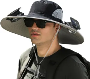 Men's Solar & USB Charging Wide Brim UPF50  Sun Hat with Dual Fans for Outdoor Activities (Black, Medium)