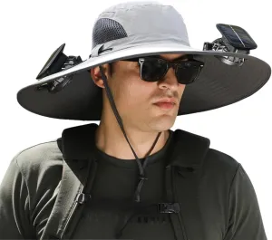 Men's Solar & USB Charging Wide Brim UPF50  Sun Hat with Dual Fans for Outdoor Activities (Black, Medium)