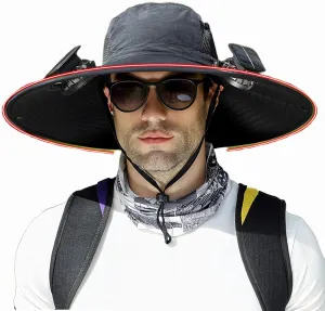 Men's Solar & USB Charging Wide Brim UPF50  Sun Hat with Dual Fans for Outdoor Activities (Black, Medium)