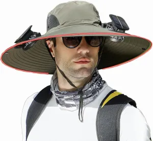Men's Solar & USB Charging Wide Brim UPF50  Sun Hat with Dual Fans for Outdoor Activities (Black, Medium)