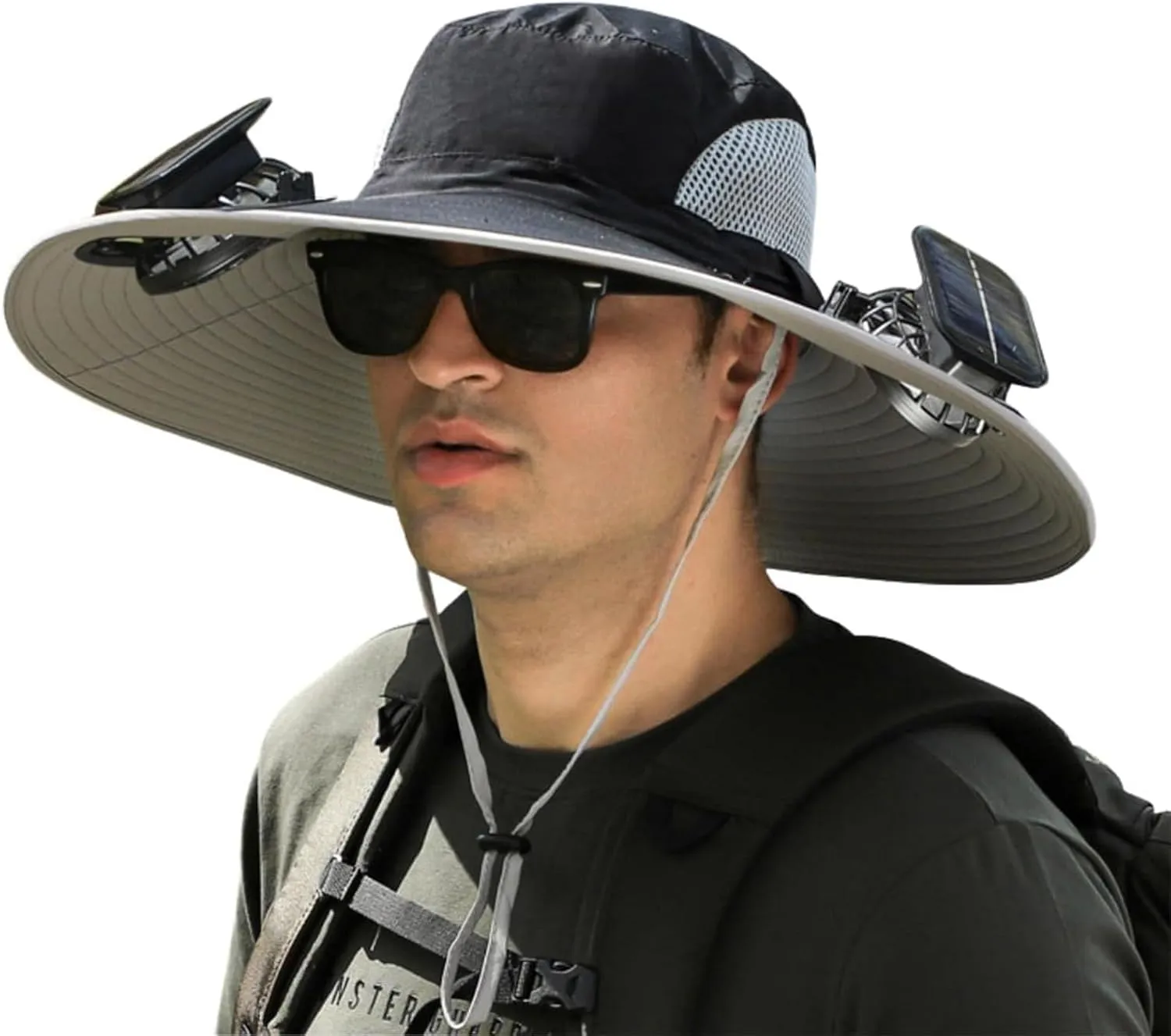 Men's Solar & USB Charging Wide Brim UPF50  Sun Hat with Dual Fans for Outdoor Activities (Black, Medium)