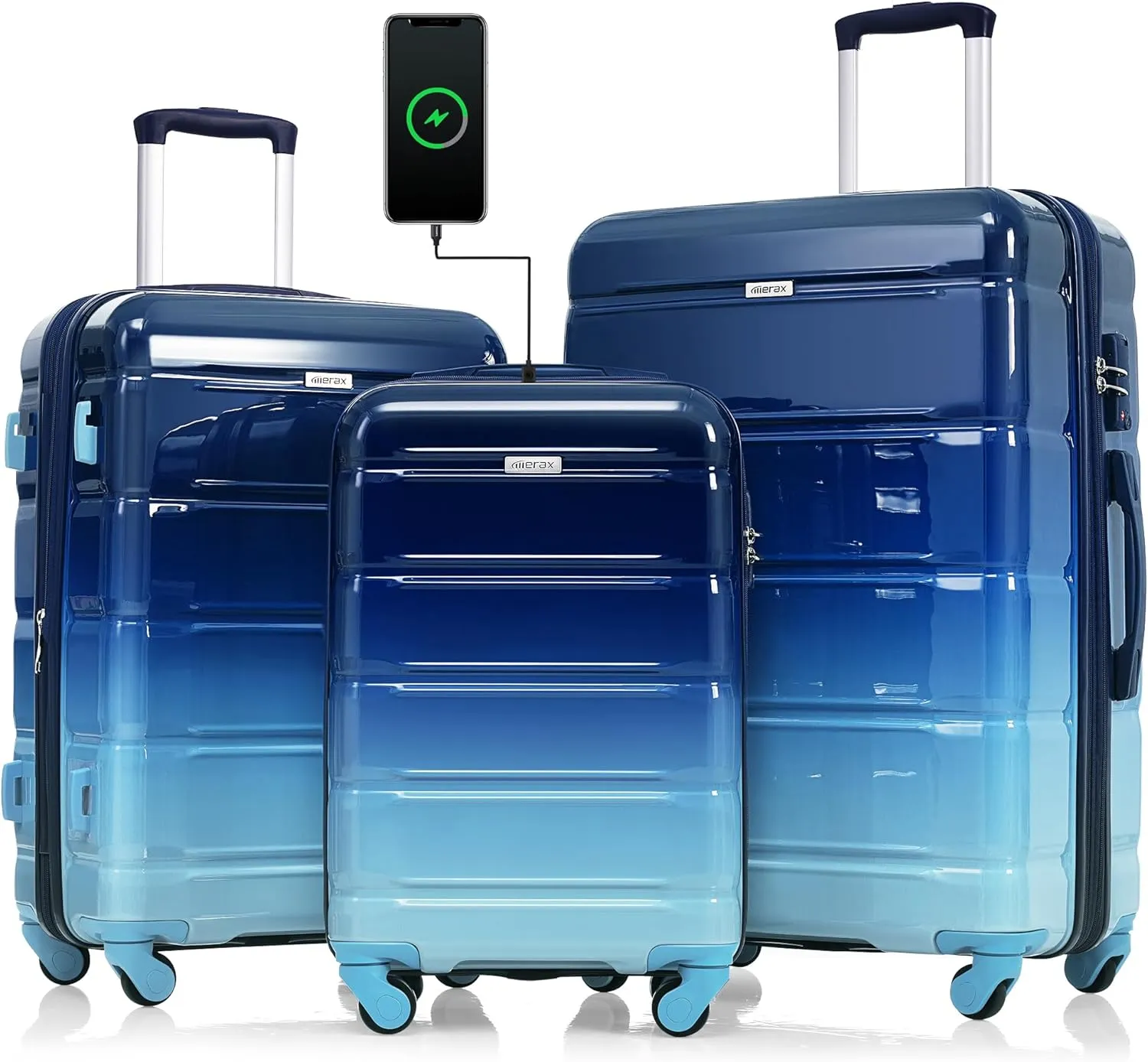 Merax Luggage Sets 3 Pcs Suit case, ABS Hardside Suitcases with Spinner Wheels Lightweight TSA Lock, Gradient Navy, 20/24/28 Inch