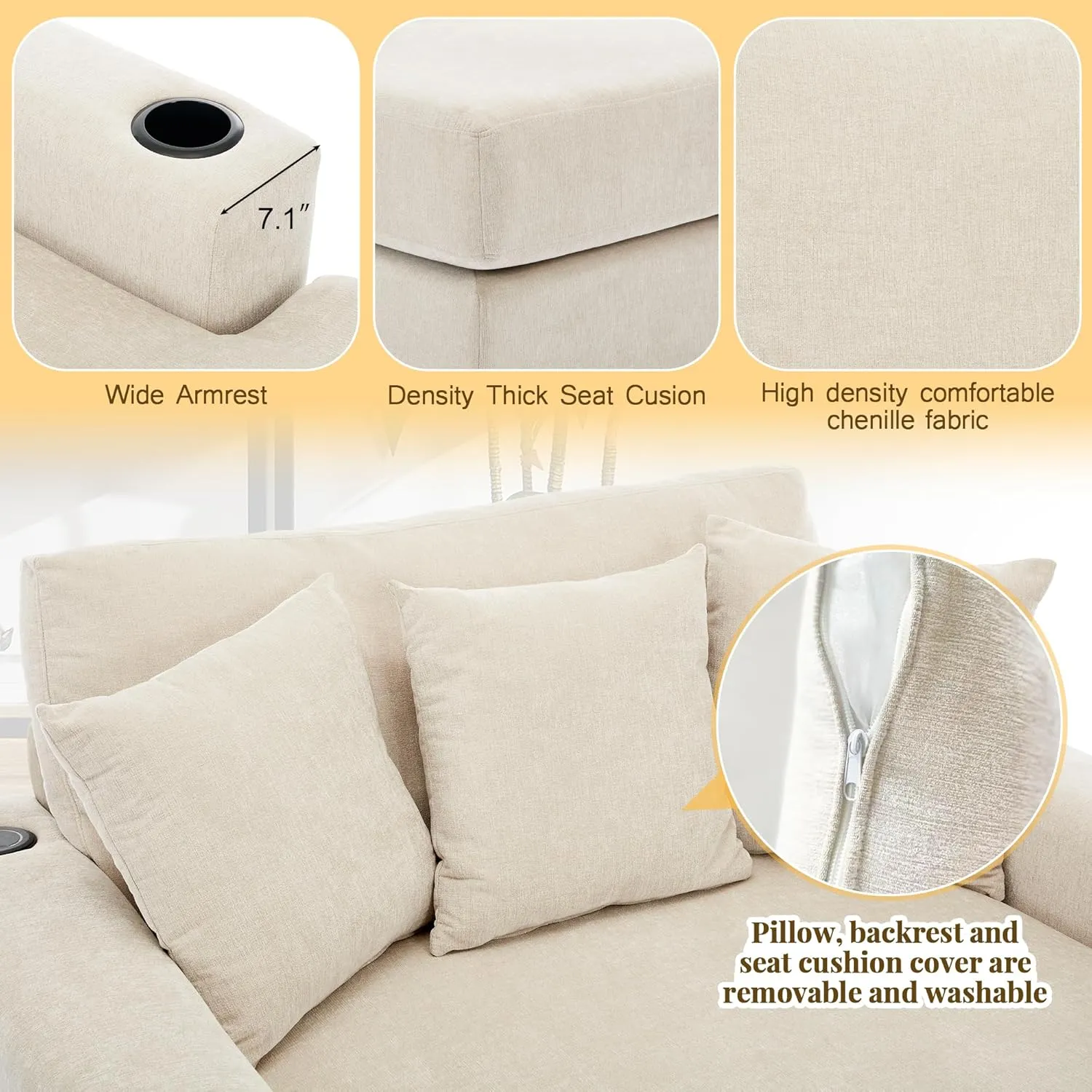 Merax Modern 55" Chaise Lounge with Pillow, Charge Station & Cup Holders,Upholstered Sofa Recliner Chair for Living Room Bedroom Cream