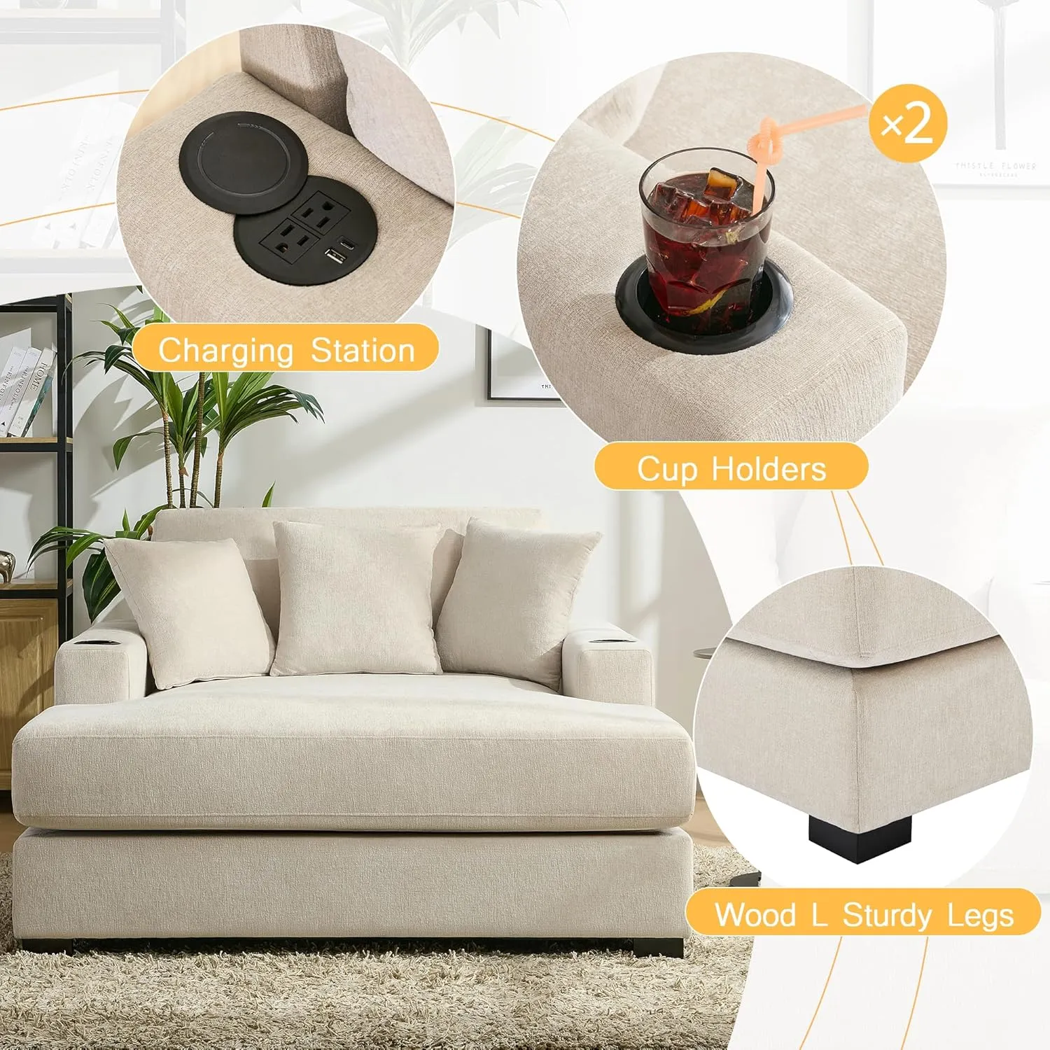 Merax Modern 55" Chaise Lounge with Pillow, Charge Station & Cup Holders,Upholstered Sofa Recliner Chair for Living Room Bedroom Cream