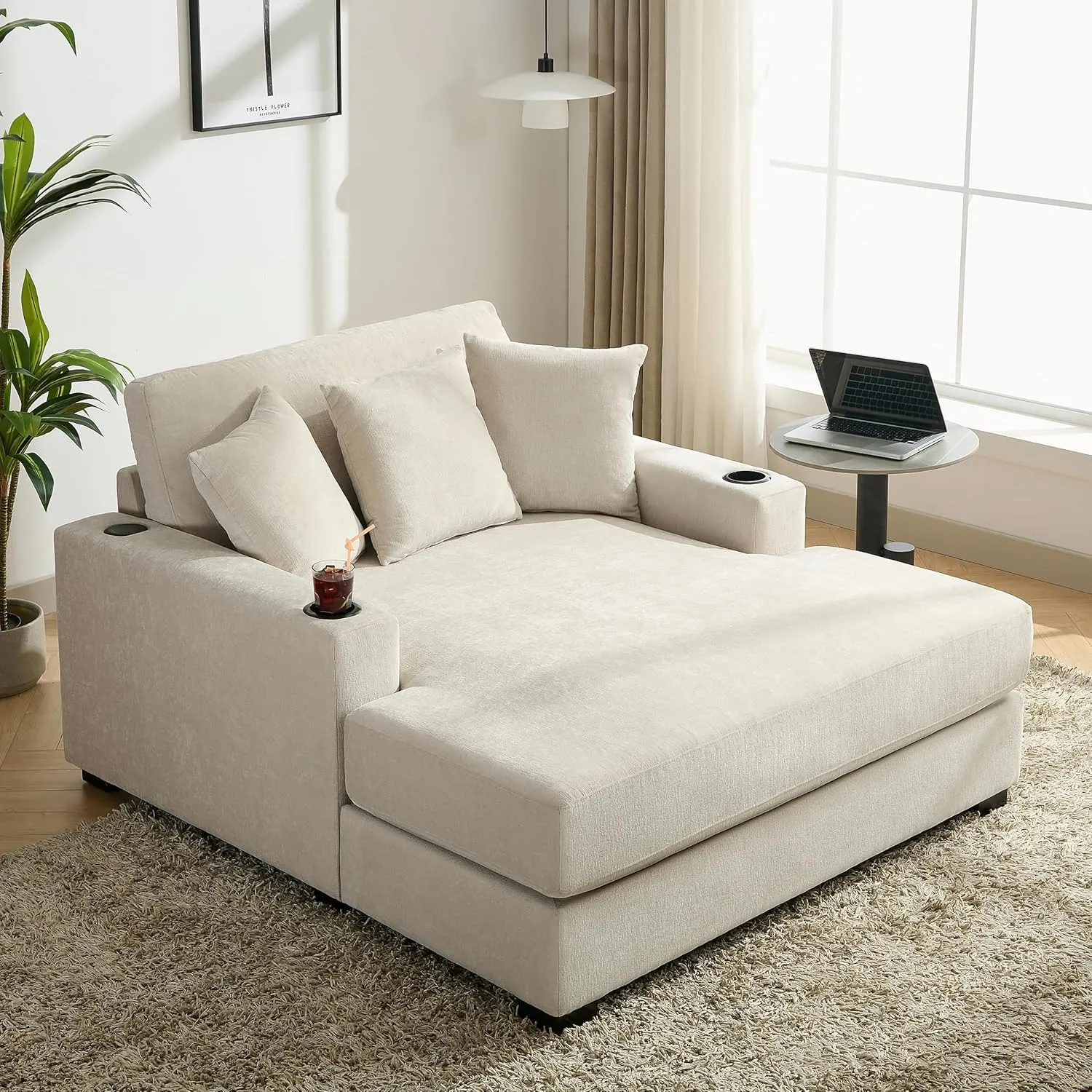 Merax Modern 55" Chaise Lounge with Pillow, Charge Station & Cup Holders,Upholstered Sofa Recliner Chair for Living Room Bedroom Cream