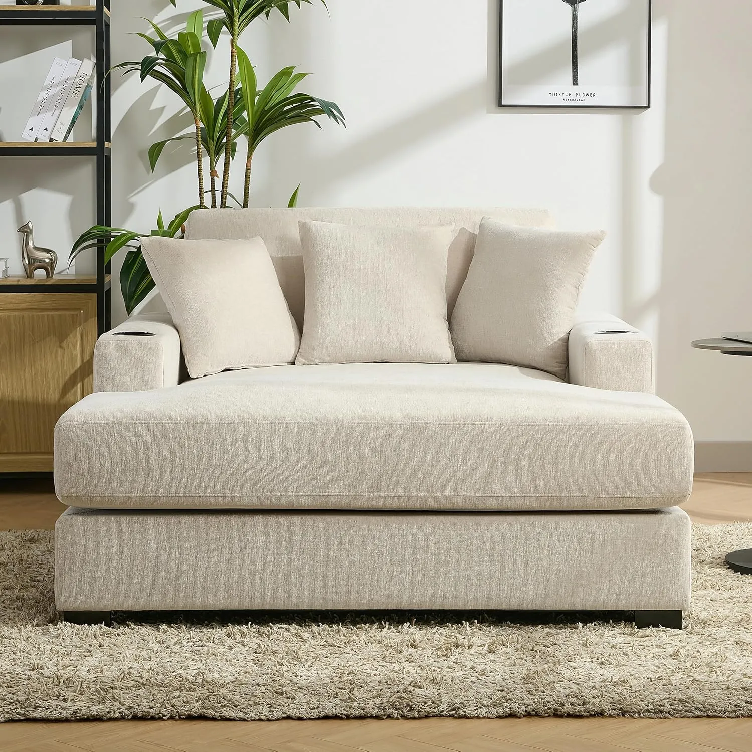 Merax Modern 55" Chaise Lounge with Pillow, Charge Station & Cup Holders,Upholstered Sofa Recliner Chair for Living Room Bedroom Cream
