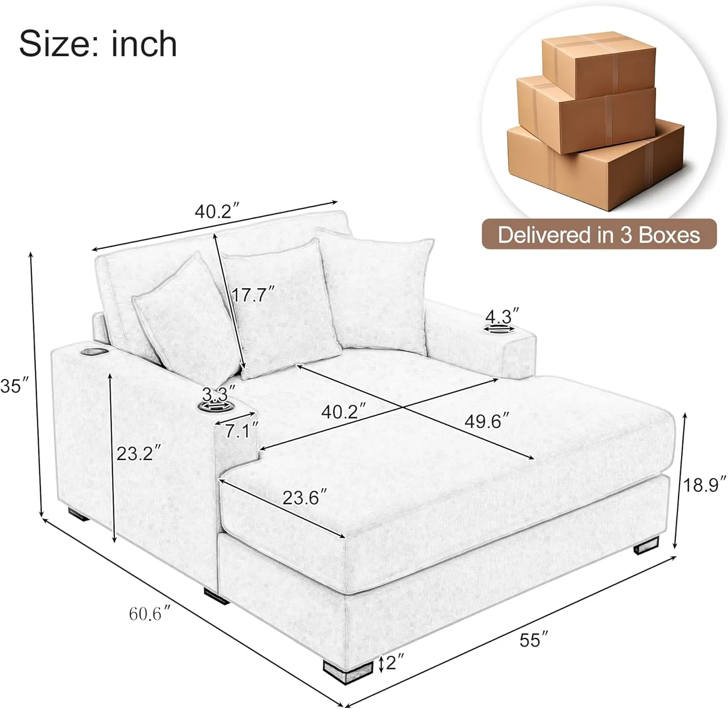 Merax Modern 55" Chaise Lounge with Pillow, Charge Station & Cup Holders,Upholstered Sofa Recliner Chair for Living Room Bedroom Cream