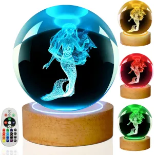 Mermaid Lamp, 3.15in 16 Colors Crystal Ball Night Light with Wooden Base and Remote Control, Birthday Gift and Mermaid Gifts for Women Men Kids (Mermaid)