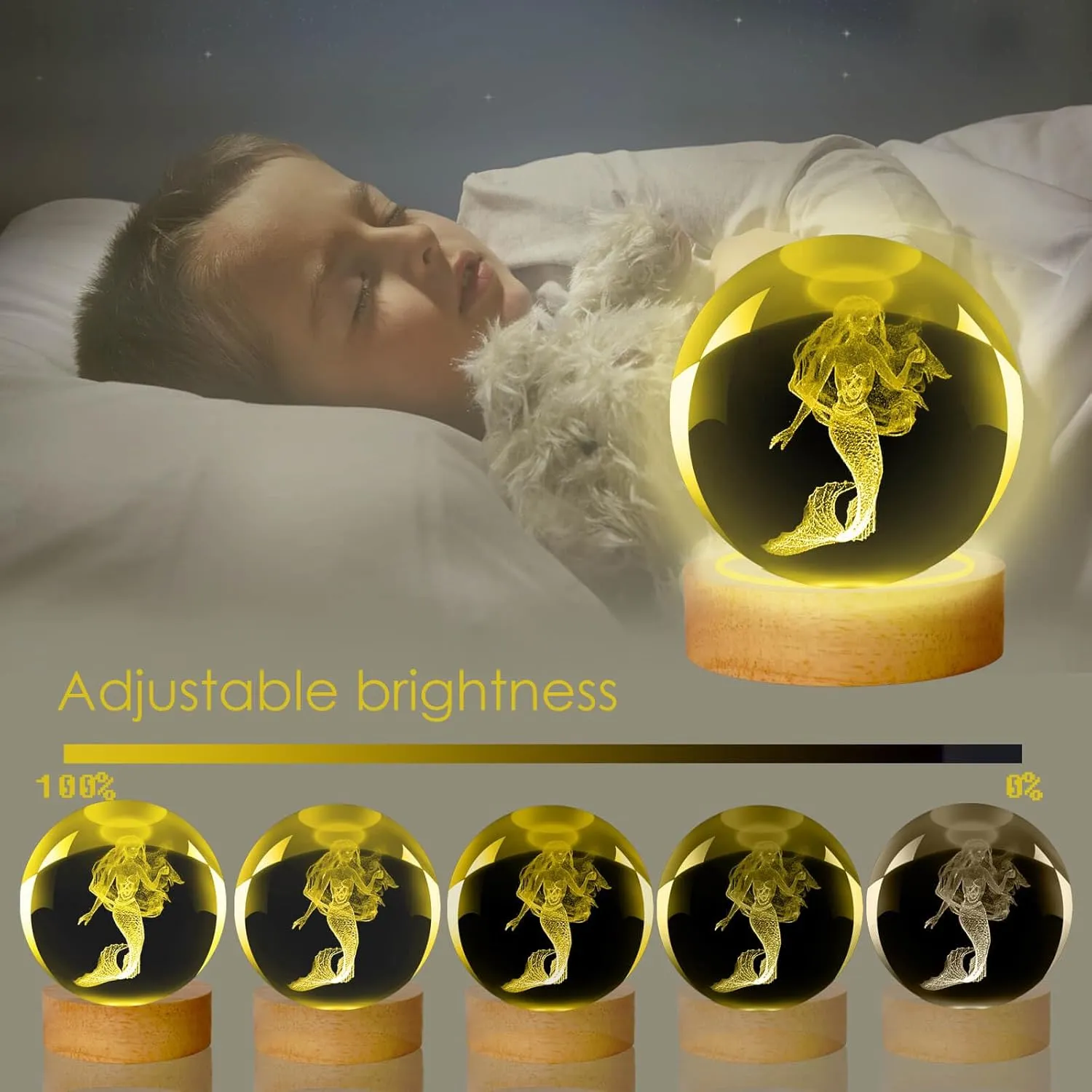 Mermaid Lamp, 3.15in 16 Colors Crystal Ball Night Light with Wooden Base and Remote Control, Birthday Gift and Mermaid Gifts for Women Men Kids (Mermaid)