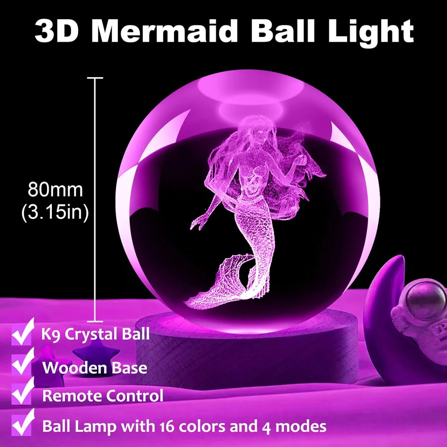Mermaid Lamp, 3.15in 16 Colors Crystal Ball Night Light with Wooden Base and Remote Control, Birthday Gift and Mermaid Gifts for Women Men Kids (Mermaid)
