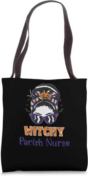 Messy Bun Witchy Parish Nurse Halloween Tote Bag