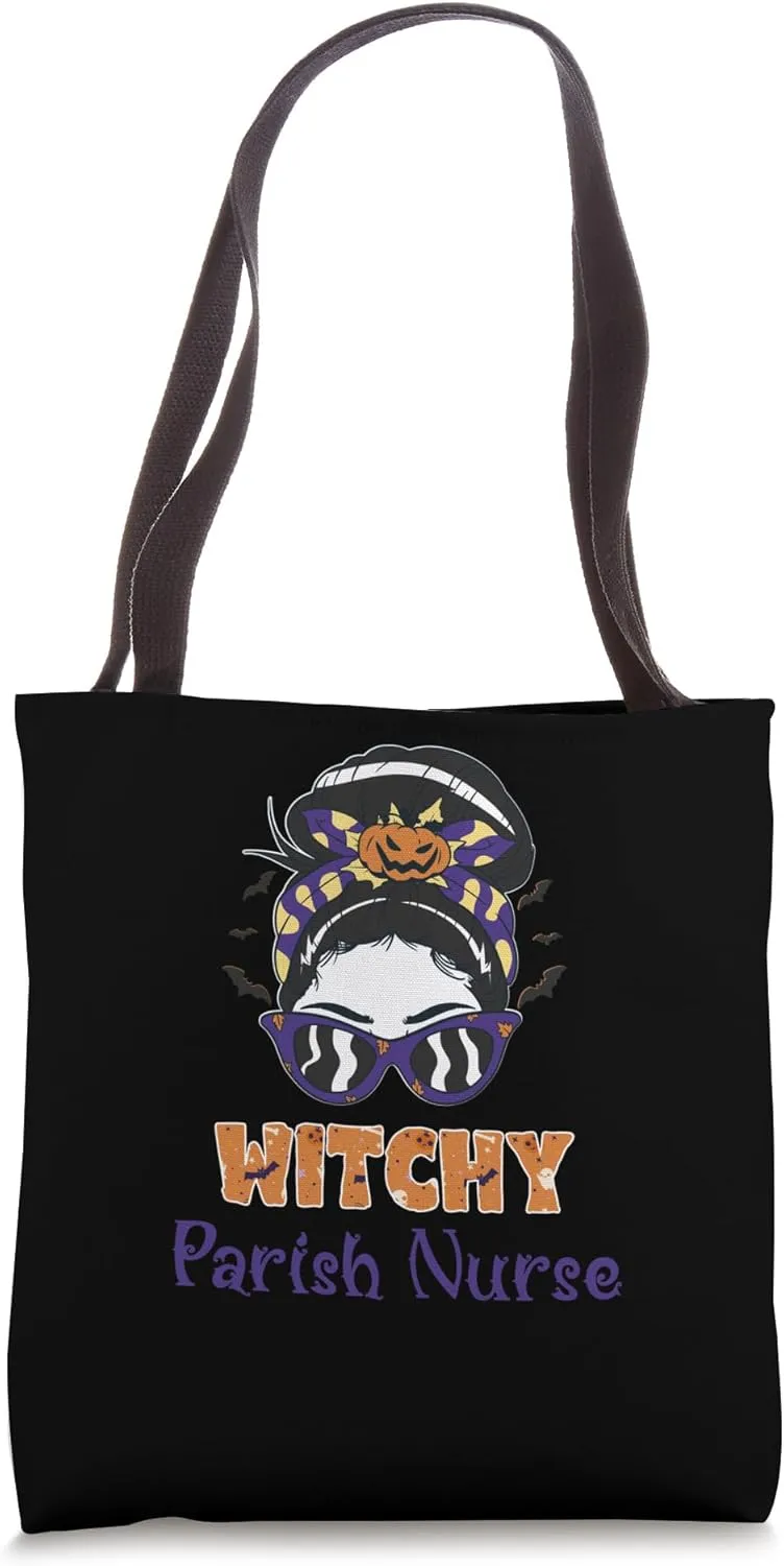 Messy Bun Witchy Parish Nurse Halloween Tote Bag