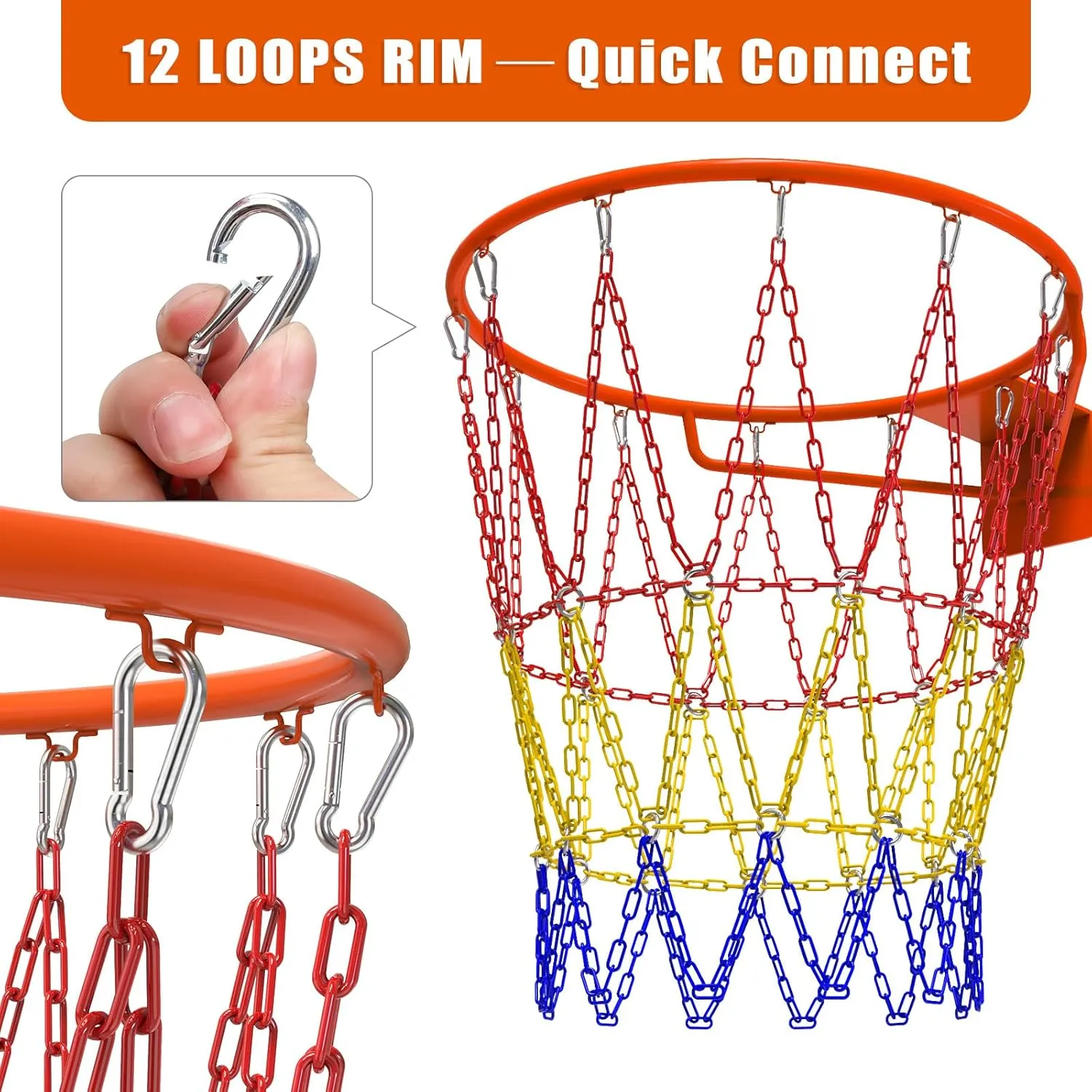 Metal Chain Basketball Net - 18" Universal Fit, Rust-Proof Coated Steel Chains with Snap Clips, Instant Setup for Outdoor Courts & Streetball | Loud Clink Sound, All-Weather Durability​
