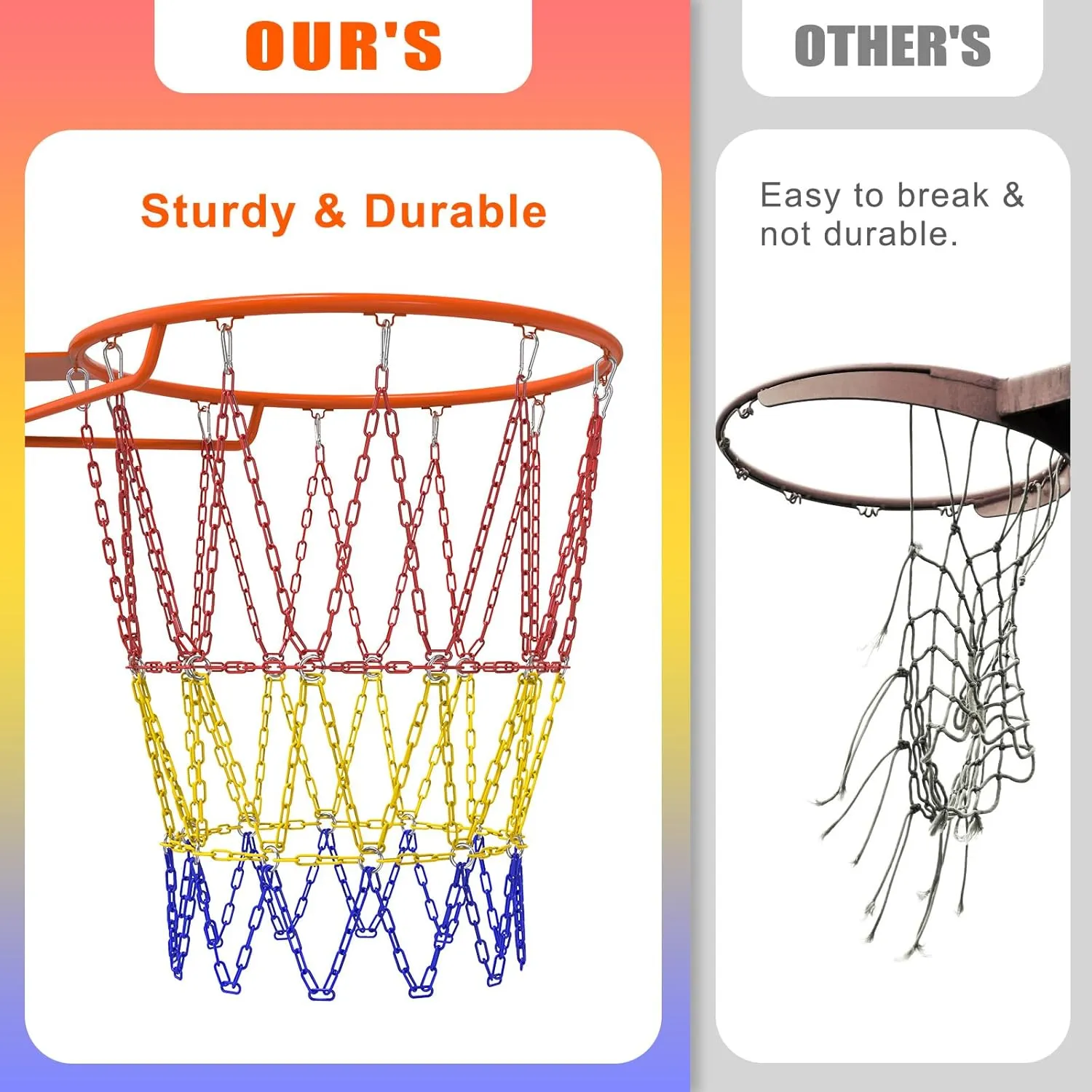 Metal Chain Basketball Net - 18" Universal Fit, Rust-Proof Coated Steel Chains with Snap Clips, Instant Setup for Outdoor Courts & Streetball | Loud Clink Sound, All-Weather Durability​