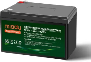 Miady 12V 15Ah Lithium LiFePO4 Deep Cycle Battery,3000 Cycles Rechargeable Battery For Small UPS,Fish Finder,Power Wheels,Scooters,Solar Power Built-in 15A BMS（5.9" L x 3.7" W x 3.9" H）