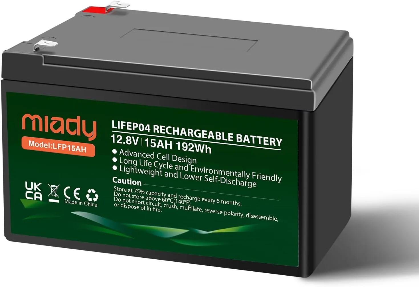 Miady 12V 15Ah Lithium LiFePO4 Deep Cycle Battery,3000 Cycles Rechargeable Battery For Small UPS,Fish Finder,Power Wheels,Scooters,Solar Power Built-in 15A BMS（5.9" L x 3.7" W x 3.9" H）