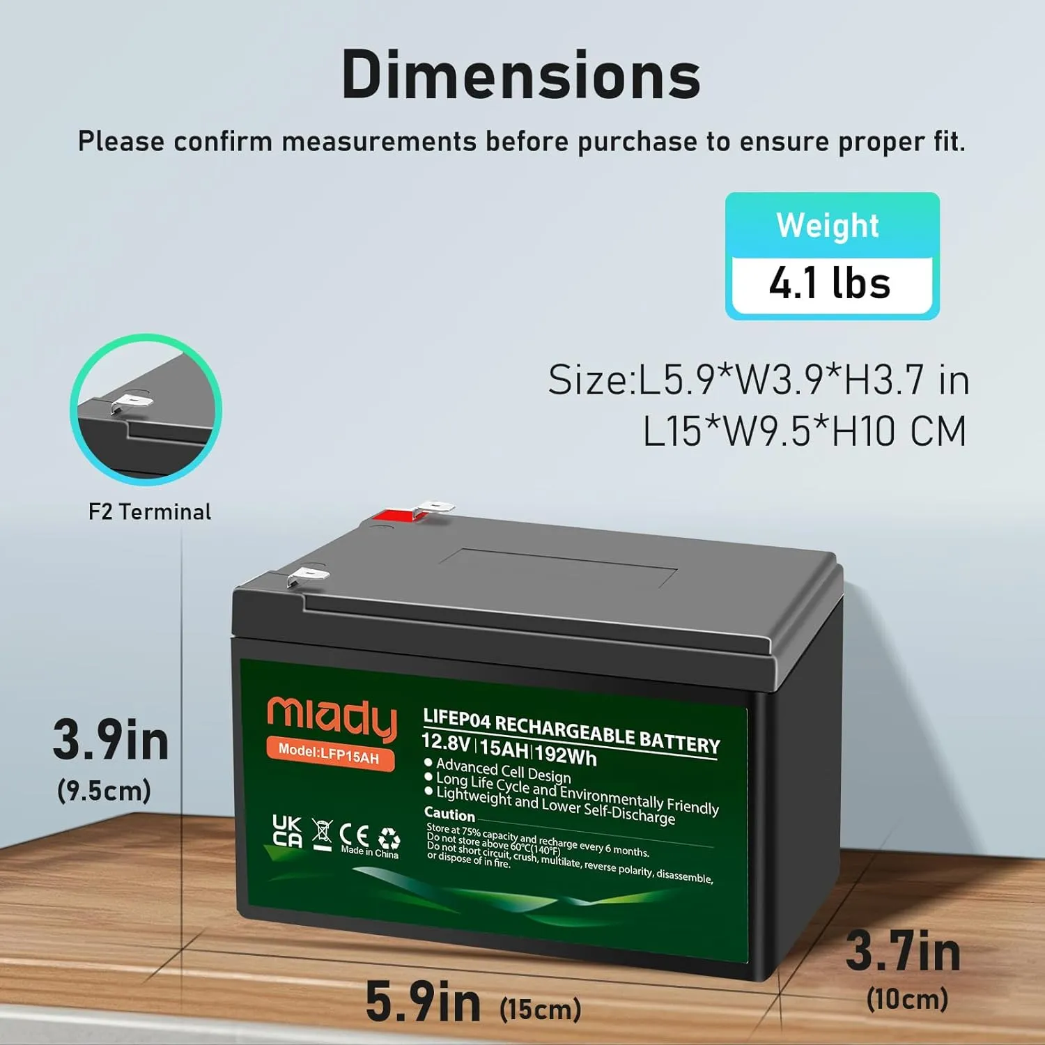 Miady 12V 15Ah Lithium LiFePO4 Deep Cycle Battery,3000 Cycles Rechargeable Battery For Small UPS,Fish Finder,Power Wheels,Scooters,Solar Power Built-in 15A BMS（5.9" L x 3.7" W x 3.9" H）
