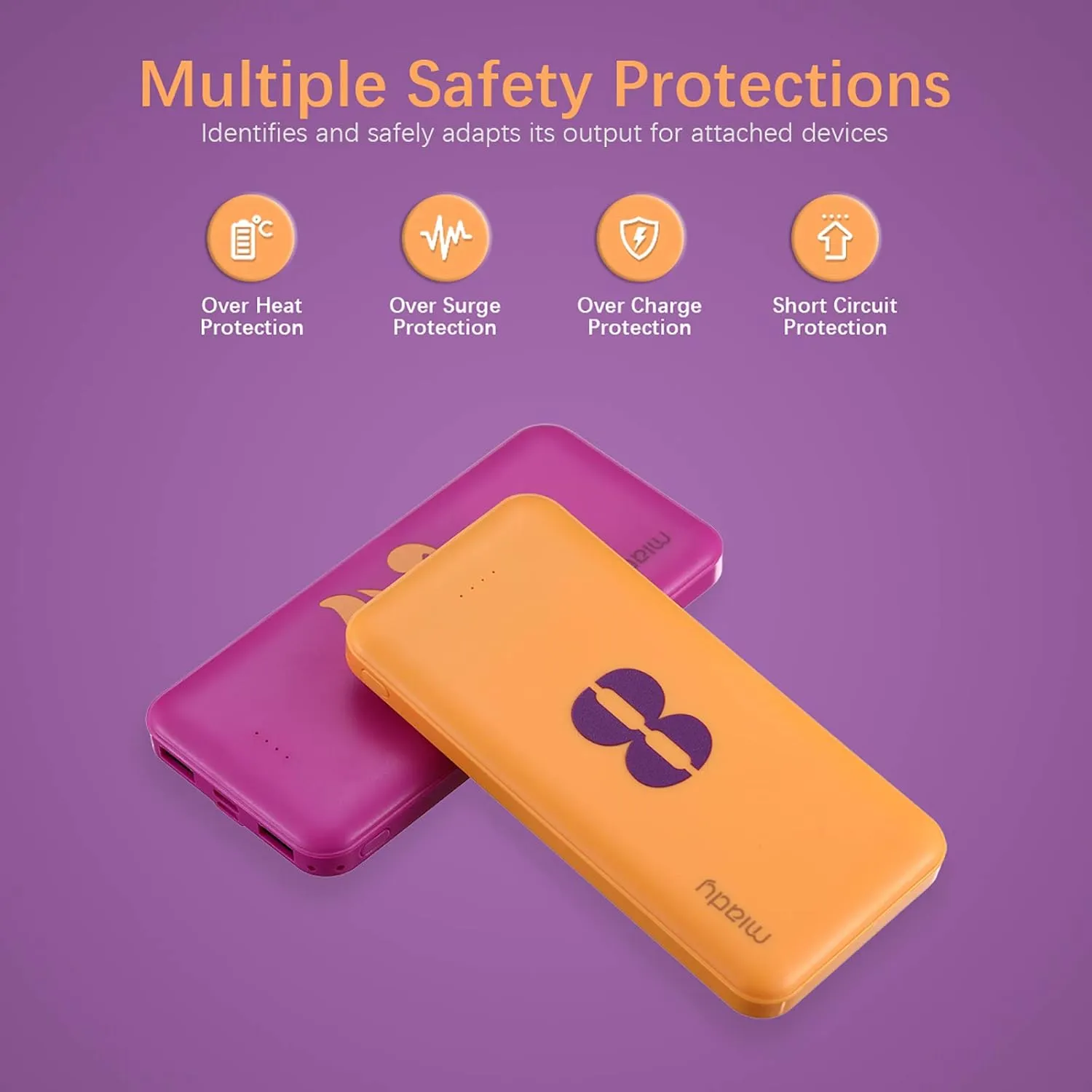 Miady 2-Pack 10000mAh Dual USB Portable Charger, Type-C Fast Charging Power Bank, Backup Battery Pack Compatible with iPhone 16/15/14/13 Galaxy S24/22 iPad Android etc (Yellow Purple)