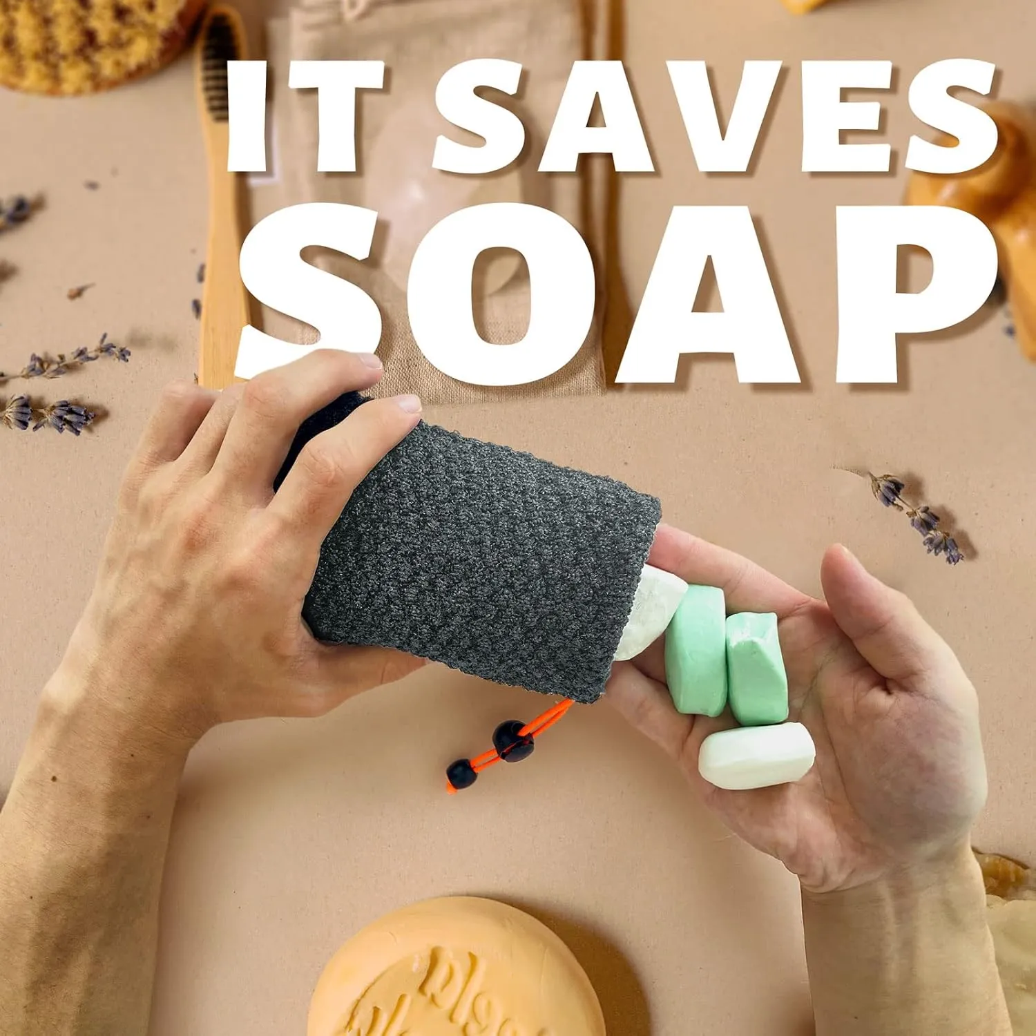 MIG4U Exfoliating Soap Bag for Shower 2 Pieces - Bar Soap Saver Pouch, Bamboo Body Scrubber Exfoliator Pocket in Travel Bathing, Grey, Double Layer