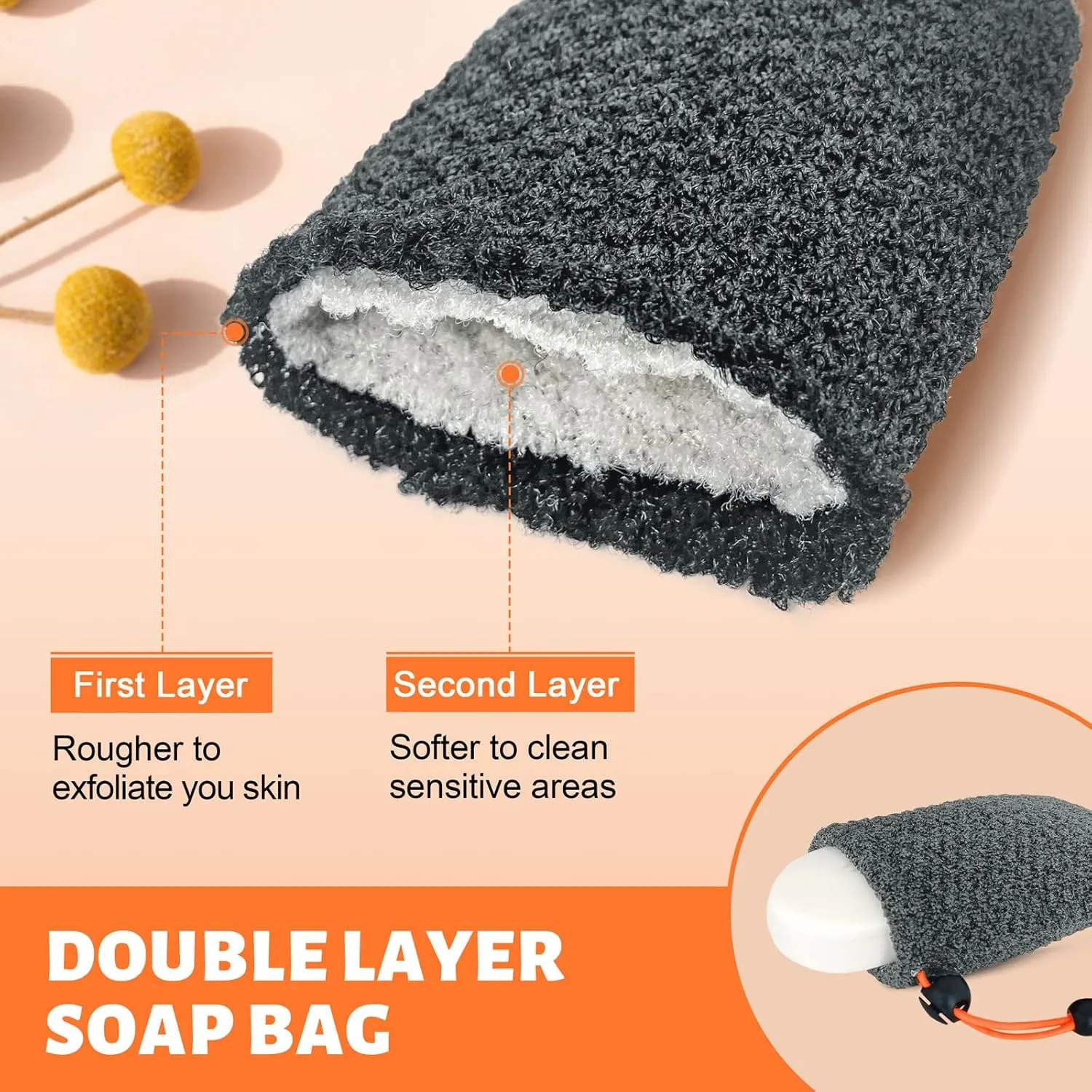 MIG4U Exfoliating Soap Bag for Shower 2 Pieces - Bar Soap Saver Pouch, Bamboo Body Scrubber Exfoliator Pocket in Travel Bathing, Grey, Double Layer