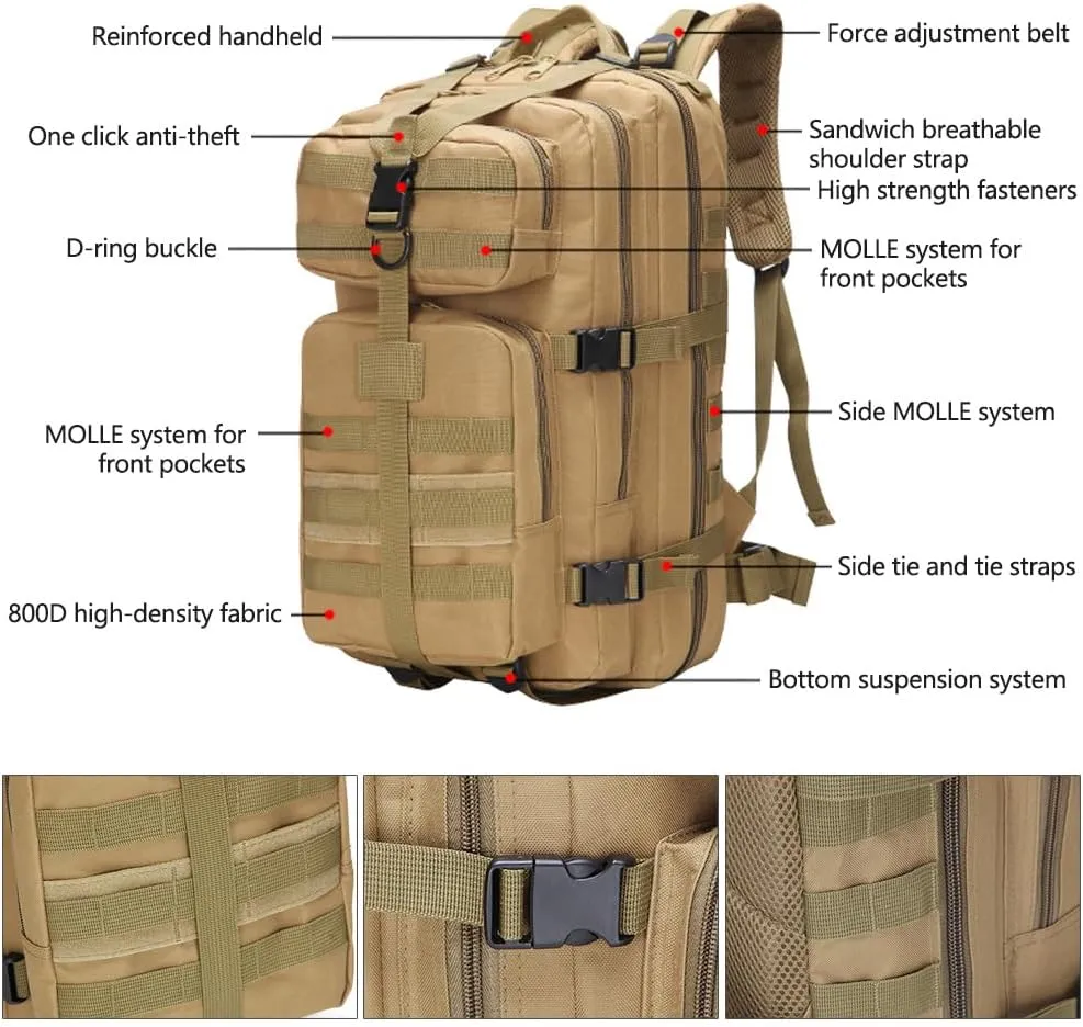 Military Tactical Backpack 3 Day Assault Pack Army Molle Bag Backpacks Rucksack 35L (Black)