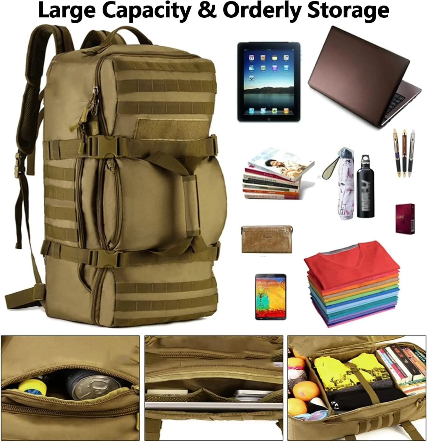Military Tactical Backpack, 60L Extra Large Waterproof Outdoor Hiking Backpack, Men's Camping Backpack, Hiking Duffel Bag For Hunting Hiking Fishing Climbing Travel Deserts (Color : E)