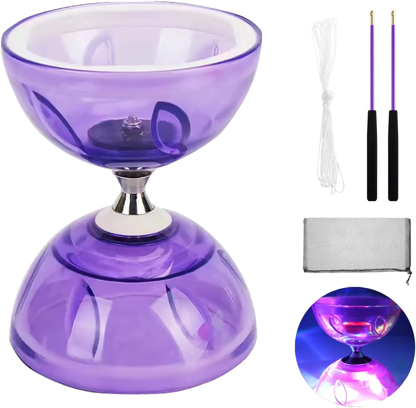Mini Diabolo Chinese Yoyo Set - Triple Bearing Diabolo Chinese Yoyo Juggling Toy with Diablo Sticks, Diablo String & Net Bag (Small Size - Purple)
