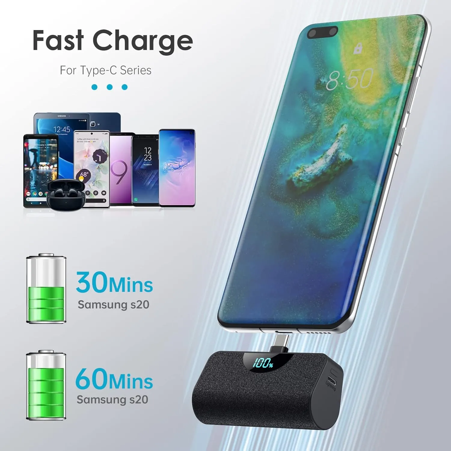 Mini Portable Charger USB-C Power Bank 5200mAh,Ultra Compact LCD Display Battery Pack Backup Charger Compatible with iPhone 16/16 Plus/16 Pro/16 Pro Max/15 Series,Samsung S22/S23, Android Phones etc