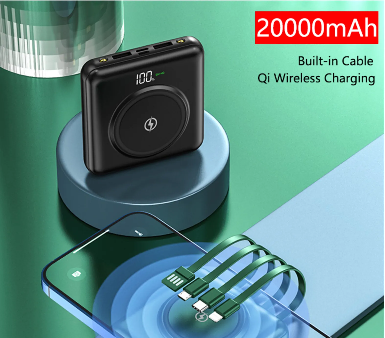 Mini Power Bank - 20000mAh External Battery Qi Wireless LED Light