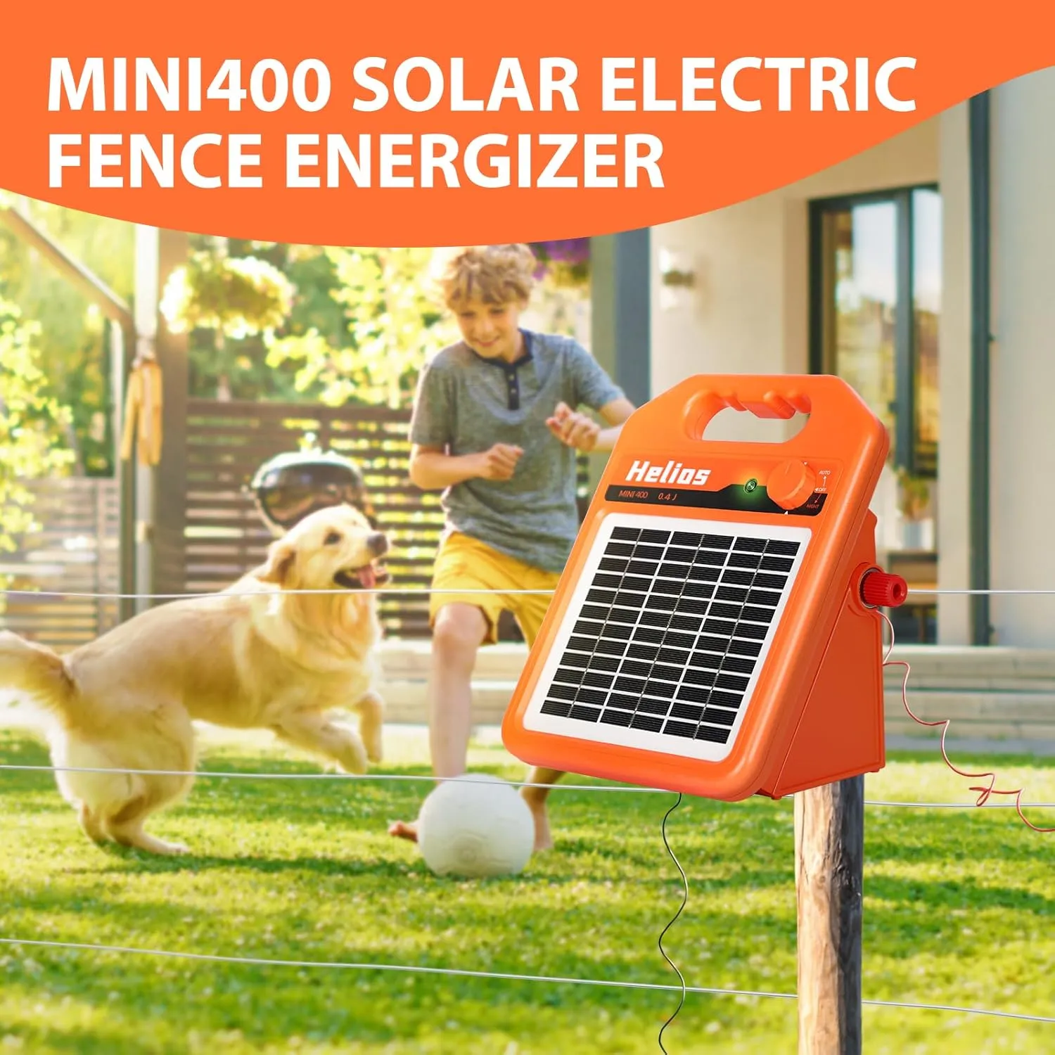 MINI400 30 Miles Solar Electric Fence Charger, 0.4 Joule Solar Electric Fence for Livestock, Horses, Cattle Sheep, Solar Fence Charger with Day or Night Mode, Easy Installation