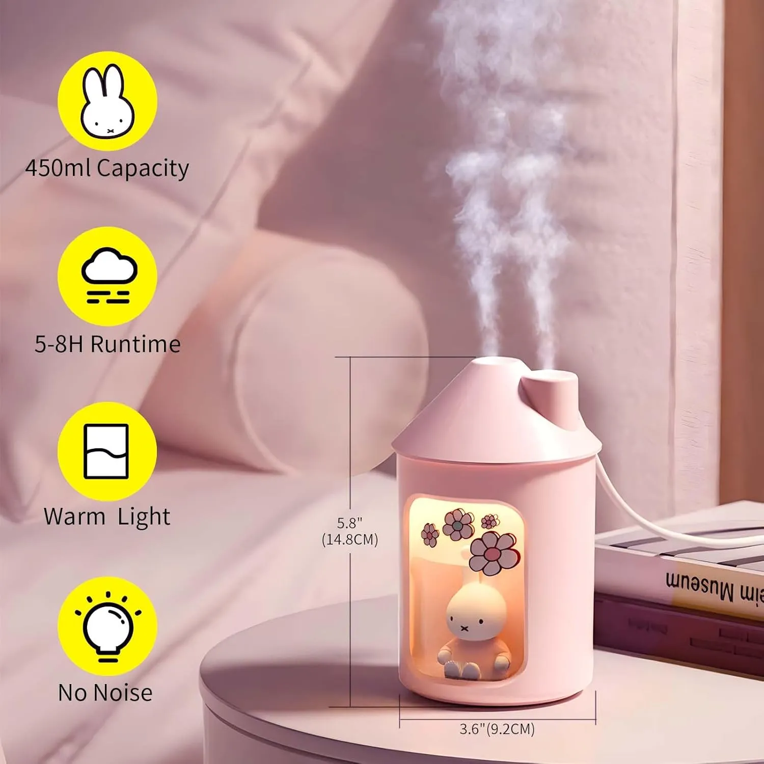 Mipow x miffy BTA700M Cool Mist Humidifier for Bedroom,Ultrasonic Quiet Humidifier with Night Light,450 ML Double Spray Humidifiers for Nursery,Office Indoor Plants (Pink)