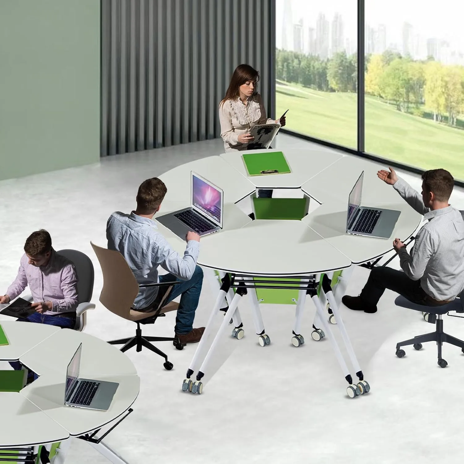 Modern Folding Conference Table, Splicing Meeting Room Table for Office Training Green White Sector Shape Flip Top Mobile with Silent (6Pcs)