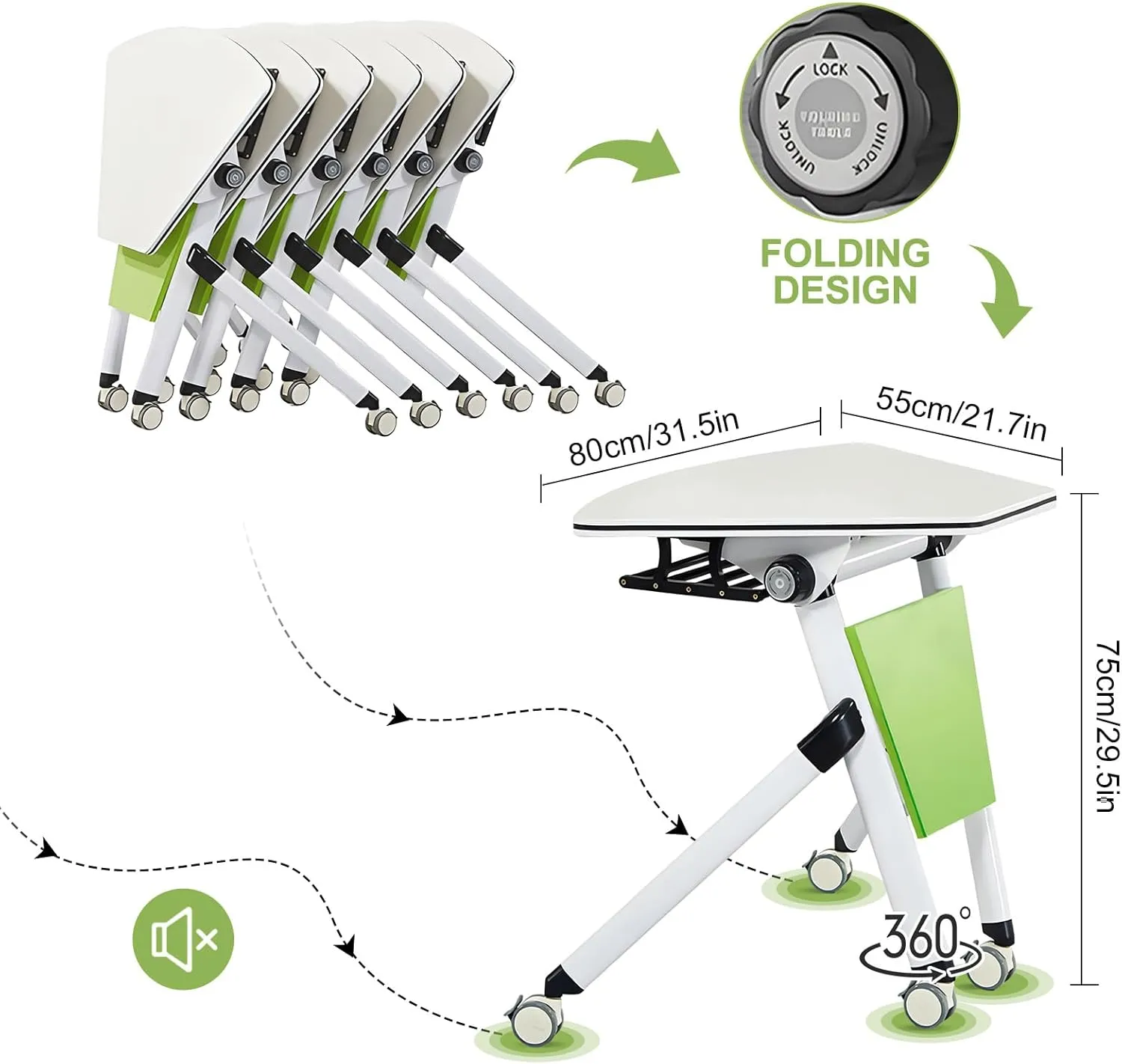 Modern Folding Conference Table, Splicing Meeting Room Table for Office Training Green White Sector Shape Flip Top Mobile with Silent (6Pcs)