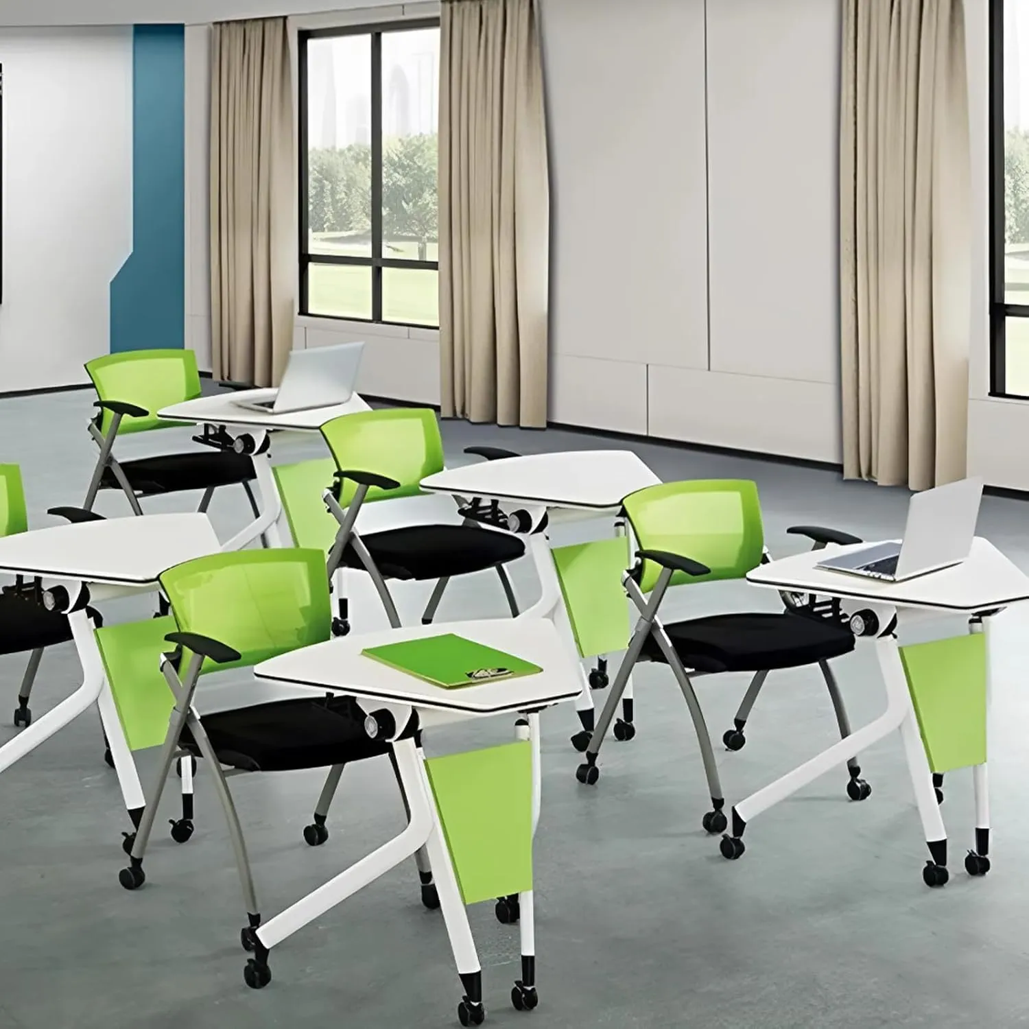 Modern Folding Conference Table, Splicing Meeting Room Table for Office Training Green White Sector Shape Flip Top Mobile with Silent (6Pcs)