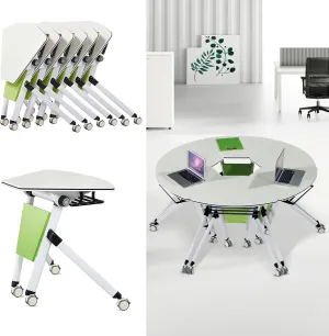 Modern Folding Conference Table, Splicing Meeting Room Table for Office Training Green White Sector Shape Flip Top Mobile with Silent (6Pcs)