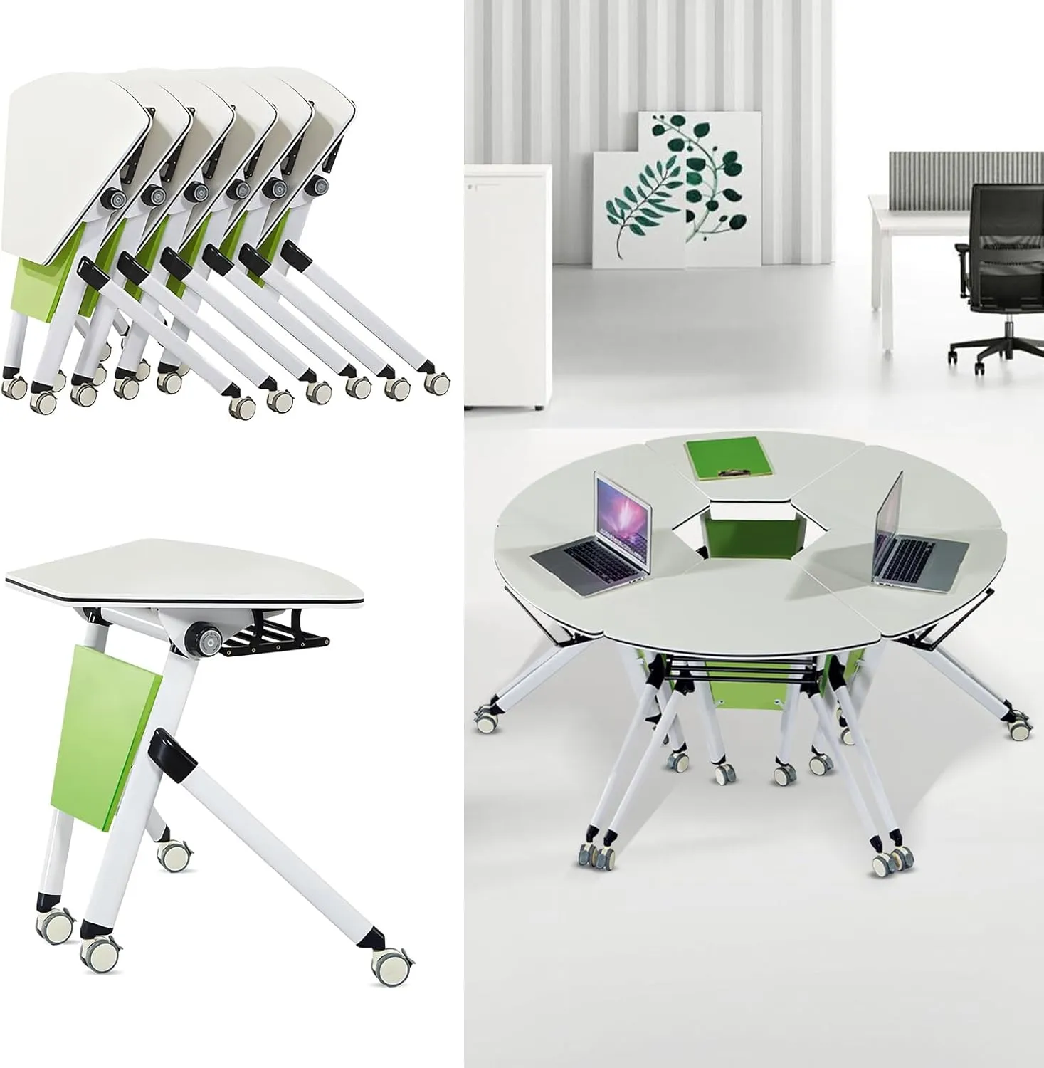 Modern Folding Conference Table, Splicing Meeting Room Table for Office Training Green White Sector Shape Flip Top Mobile with Silent (6Pcs)