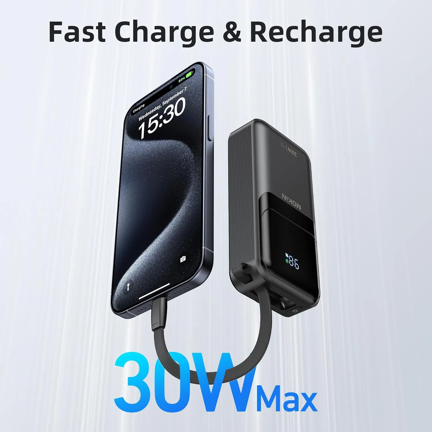 MOKiN Portable Charger, 10000mAh Power Bank, 30W Fast Charging Battery Pack, USB-C, USB A, Bulit in 2 Cables iOS & Type C, Digital Display, Compact PowerBank Compatible with iPhone 16/15/14/13,Black