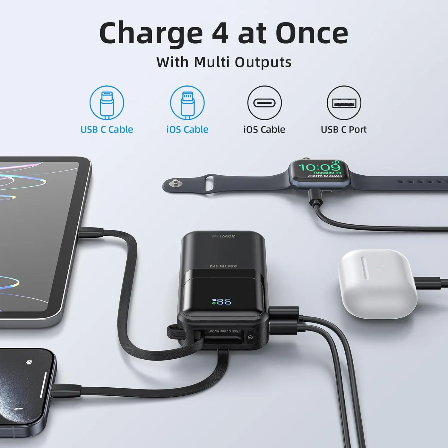 MOKiN Portable Charger, 10000mAh Power Bank, 30W Fast Charging Battery Pack, USB-C, USB A, Bulit in 2 Cables iOS & Type C, Digital Display, Compact PowerBank Compatible with iPhone 16/15/14/13,Black