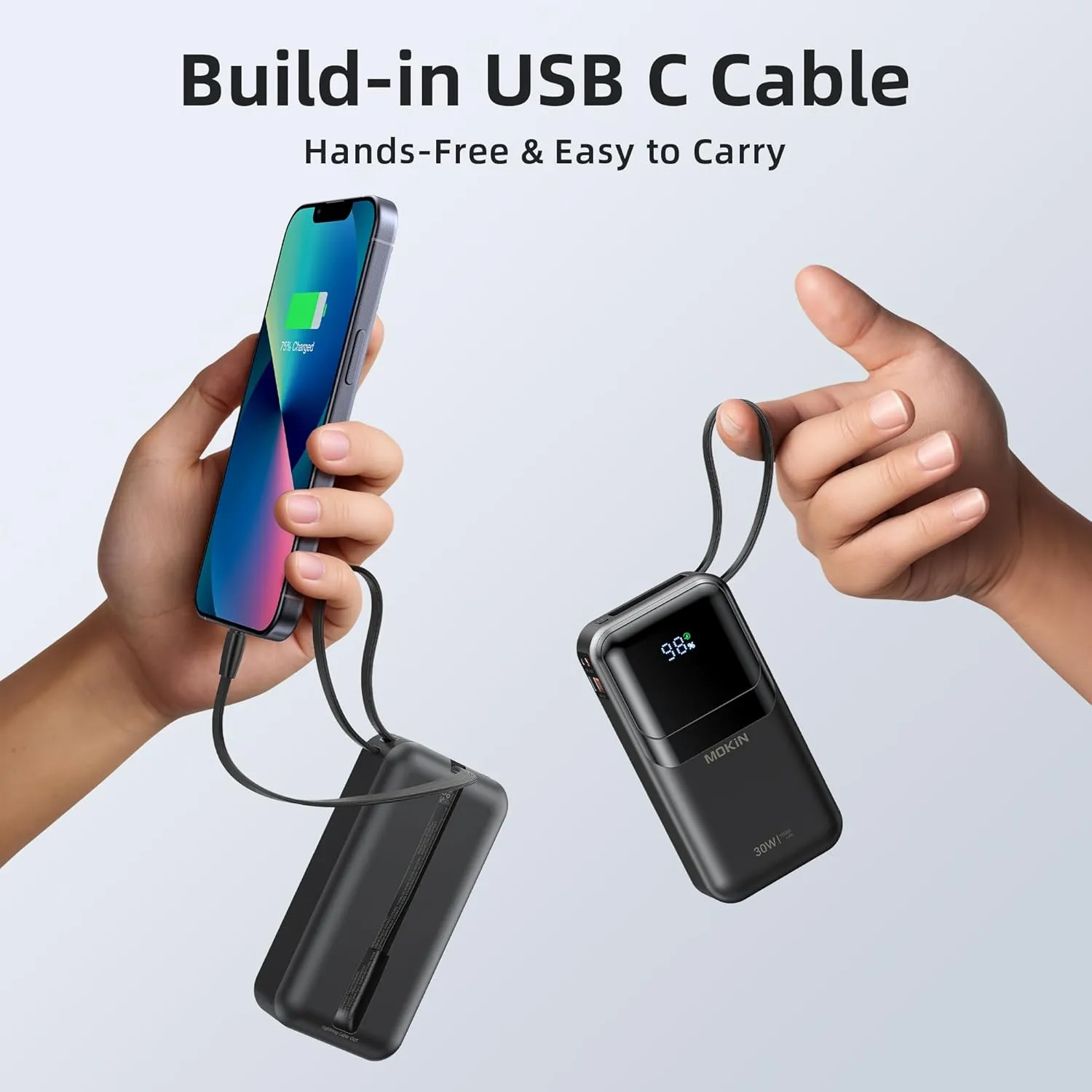 MOKiN Portable Charger, 10000mAh Power Bank, 30W Fast Charging Battery Pack, USB-C, USB A, Bulit in 2 Cables iOS & Type C, Digital Display, Compact PowerBank Compatible with iPhone 16/15/14/13,Black