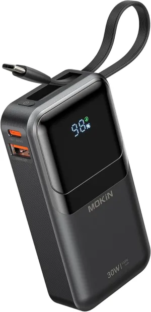 MOKiN Portable Charger, 10000mAh Power Bank, 30W Fast Charging Battery Pack, USB-C, USB A, Bulit in 2 Cables iOS & Type C, Digital Display, Compact PowerBank Compatible with iPhone 16/15/14/13,Black