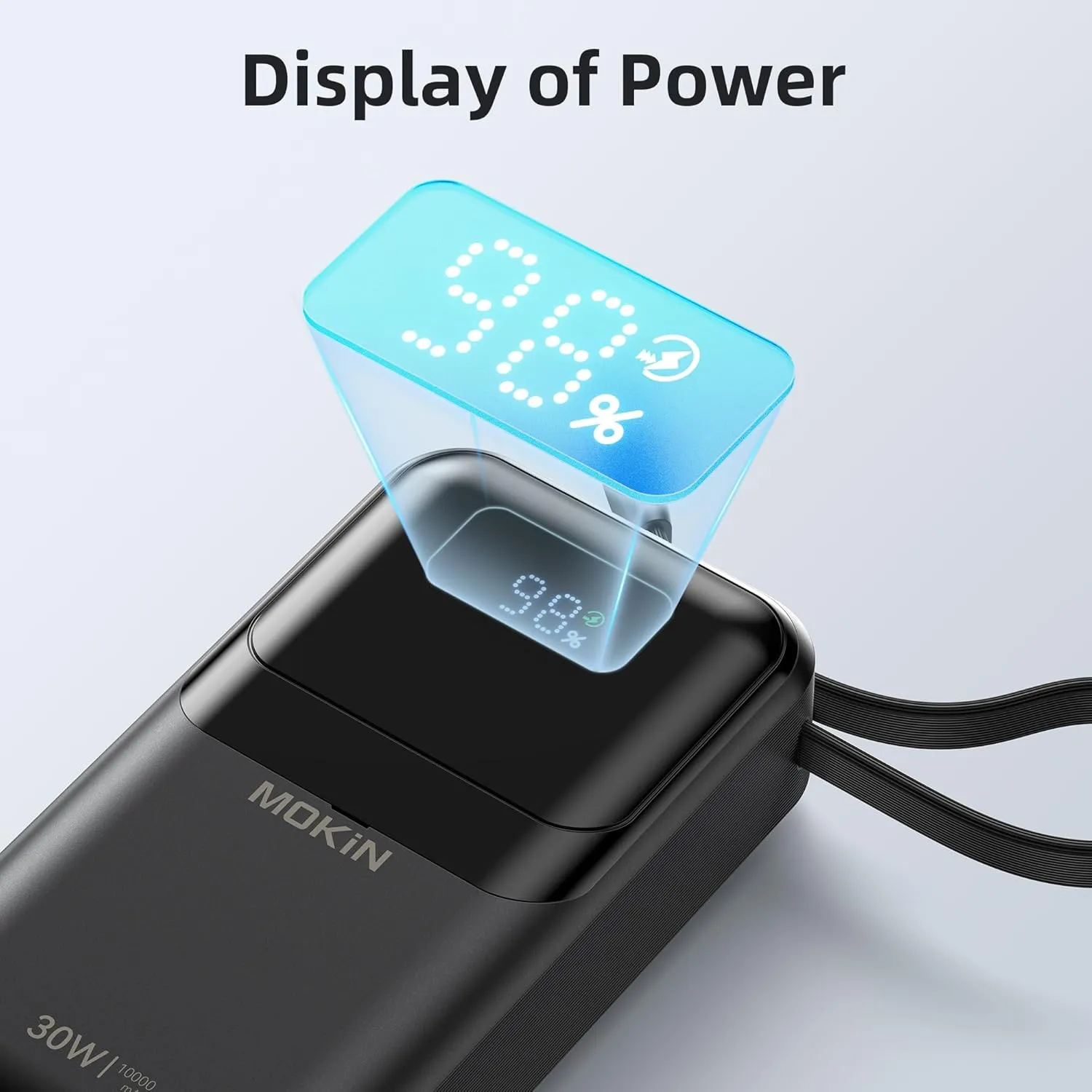 MOKiN Portable Charger, 10000mAh Power Bank, 30W Fast Charging Battery Pack, USB-C, USB A, Bulit in 2 Cables iOS & Type C, Digital Display, Compact PowerBank Compatible with iPhone 16/15/14/13,Black